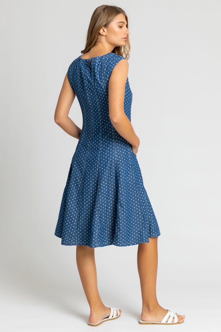 Roman Blue Spot Print Top Stitch Skater Dress - Image 2 of 4