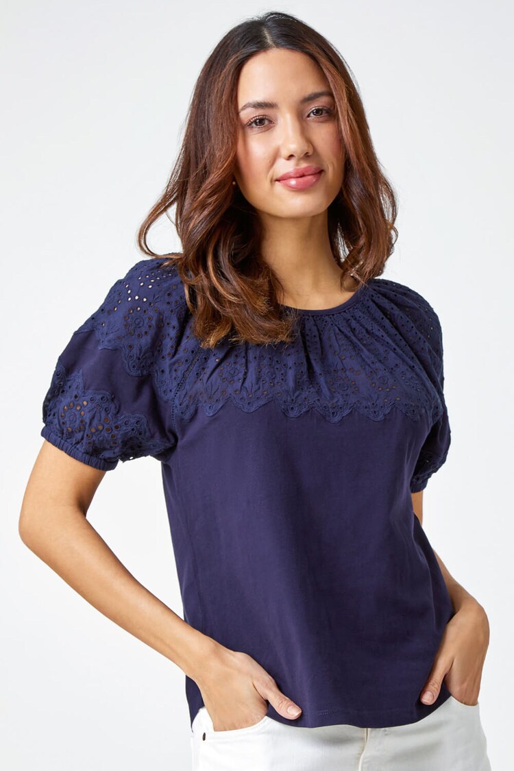 Roman Blue 100% Cotton Broderie Puff Sleeve T-Shirt - Image 1 of 5