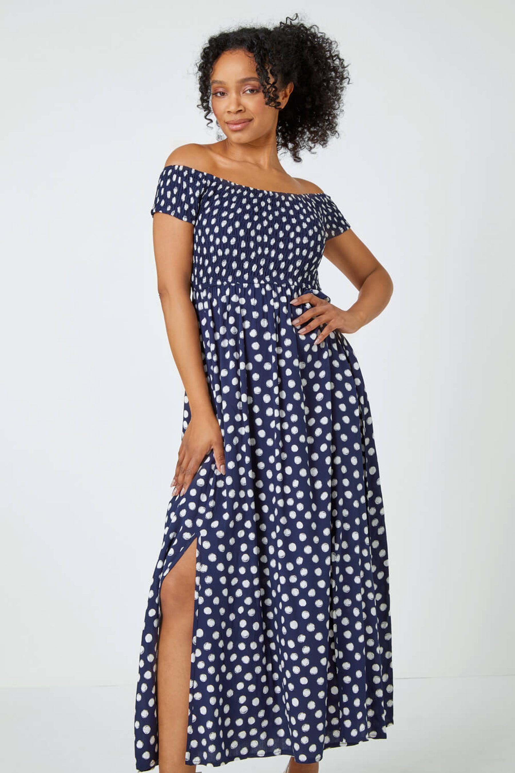 Buy Roman Blue Petite Polka Dot Bardot Midi Dress from the Next UK online shop