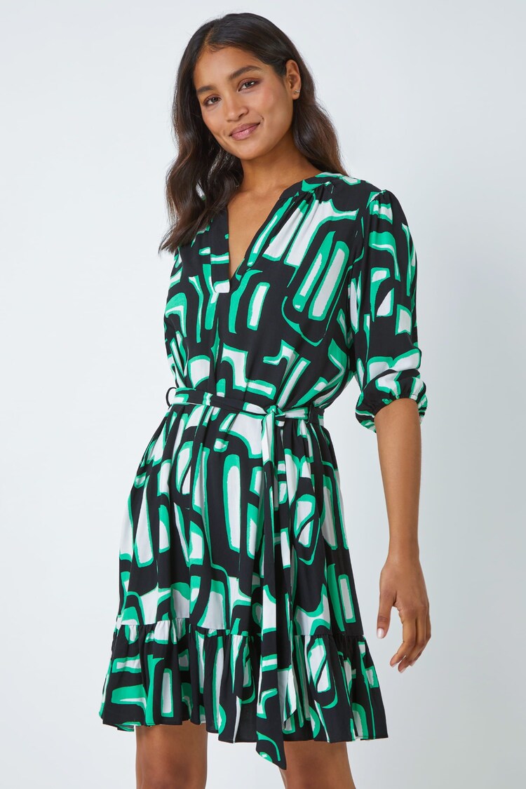 Roman Green Belted Frill Hem Geometric Print Dress - Image 2 of 5