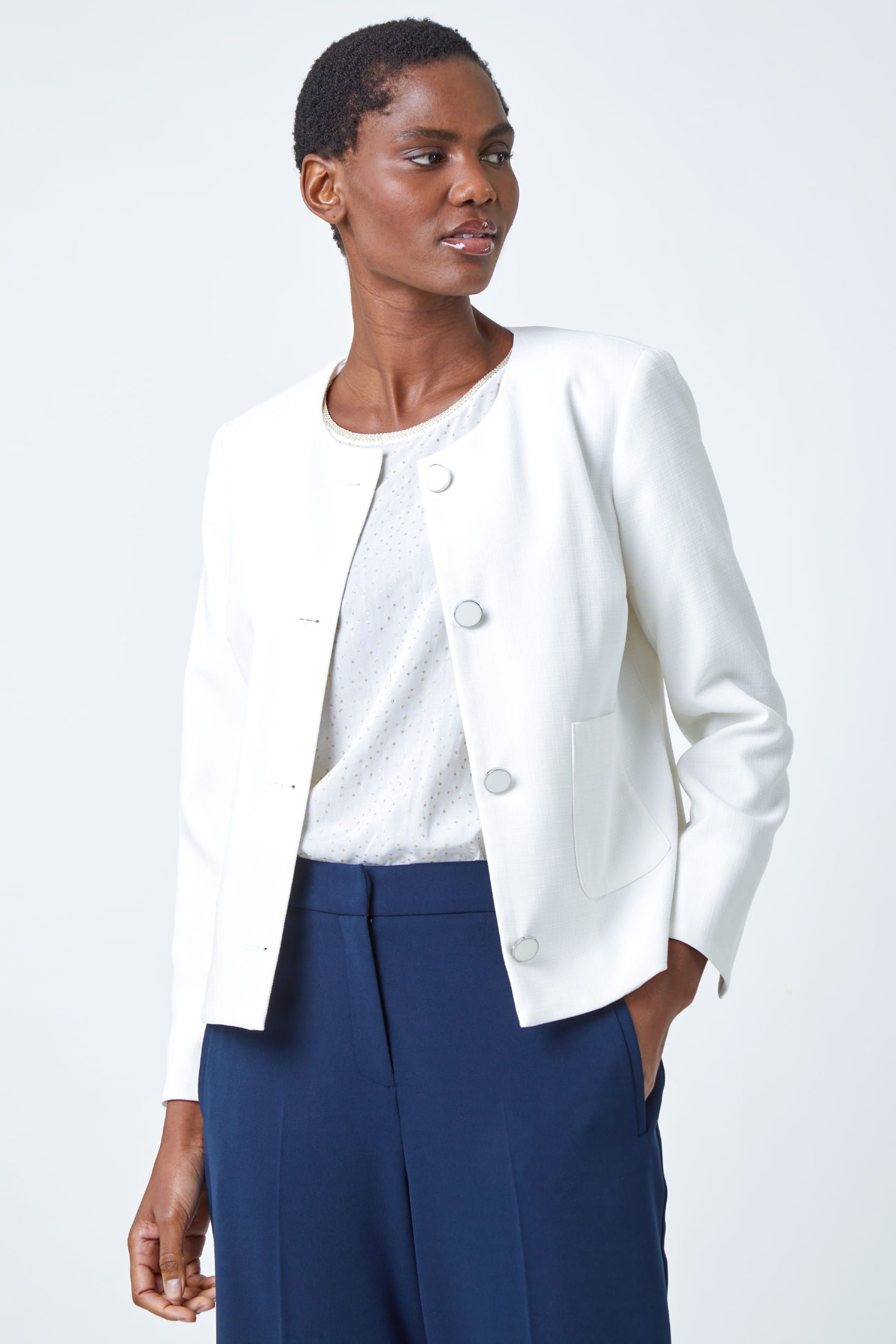 White collarless jacket outlet