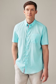 Light Blue Linen Blend Printed Short Sleeve Shirt - Image 1 of 4