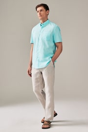 Light Blue Linen Blend Printed Short Sleeve Shirt - Image 2 of 4