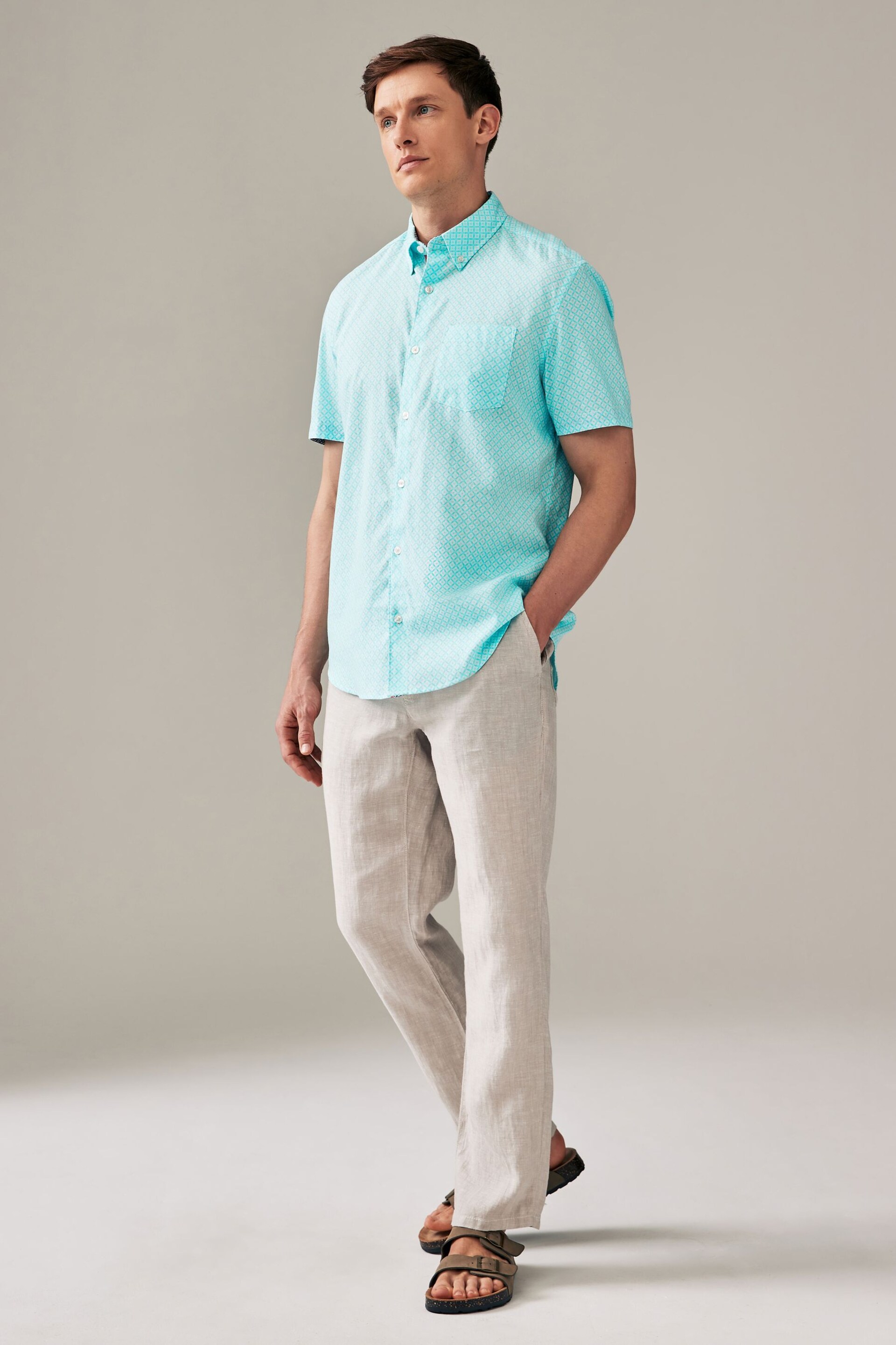 Light Blue Linen Blend Printed Short Sleeve Shirt - Image 2 of 4