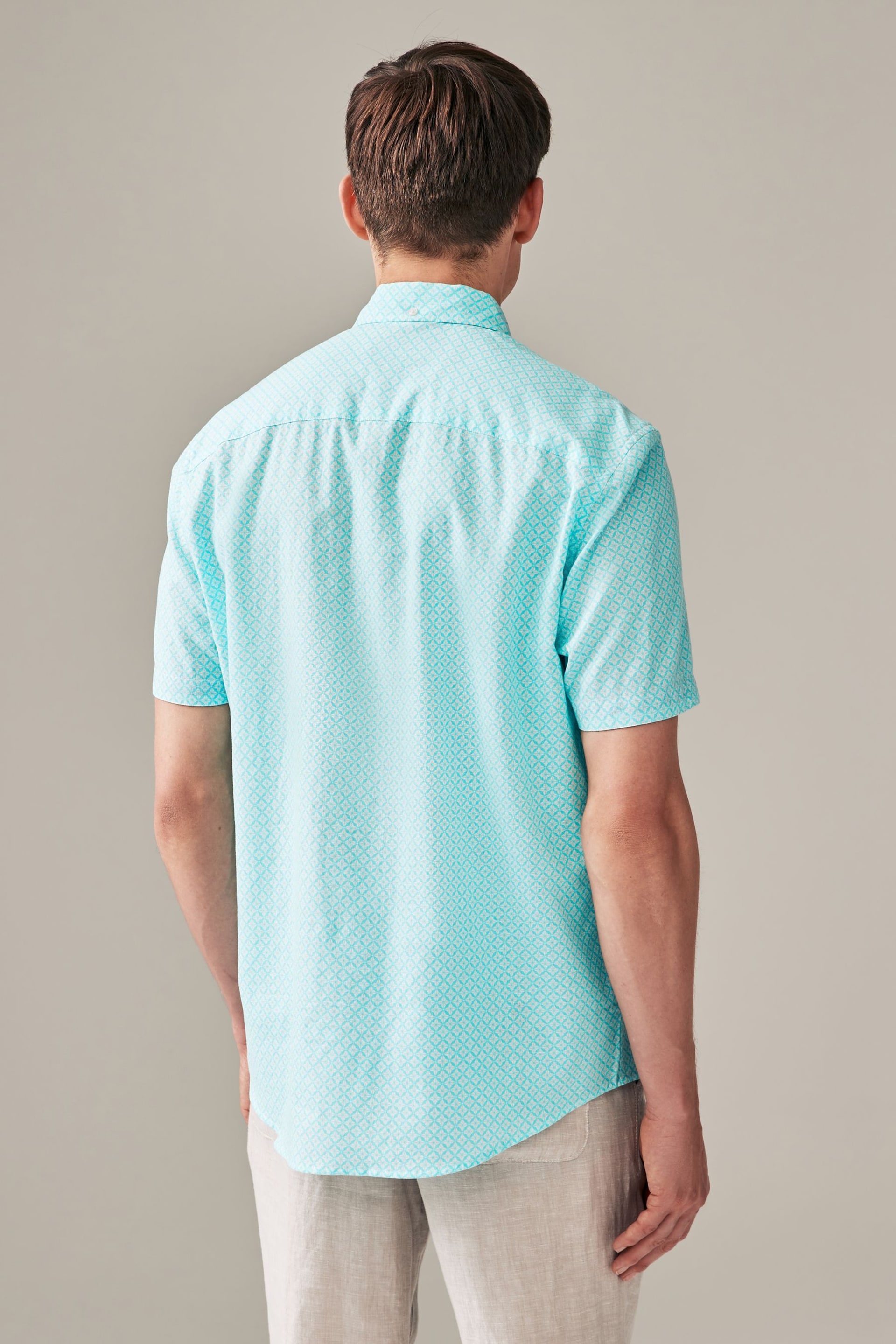 Light Blue Linen Blend Printed Short Sleeve Shirt - Image 3 of 4