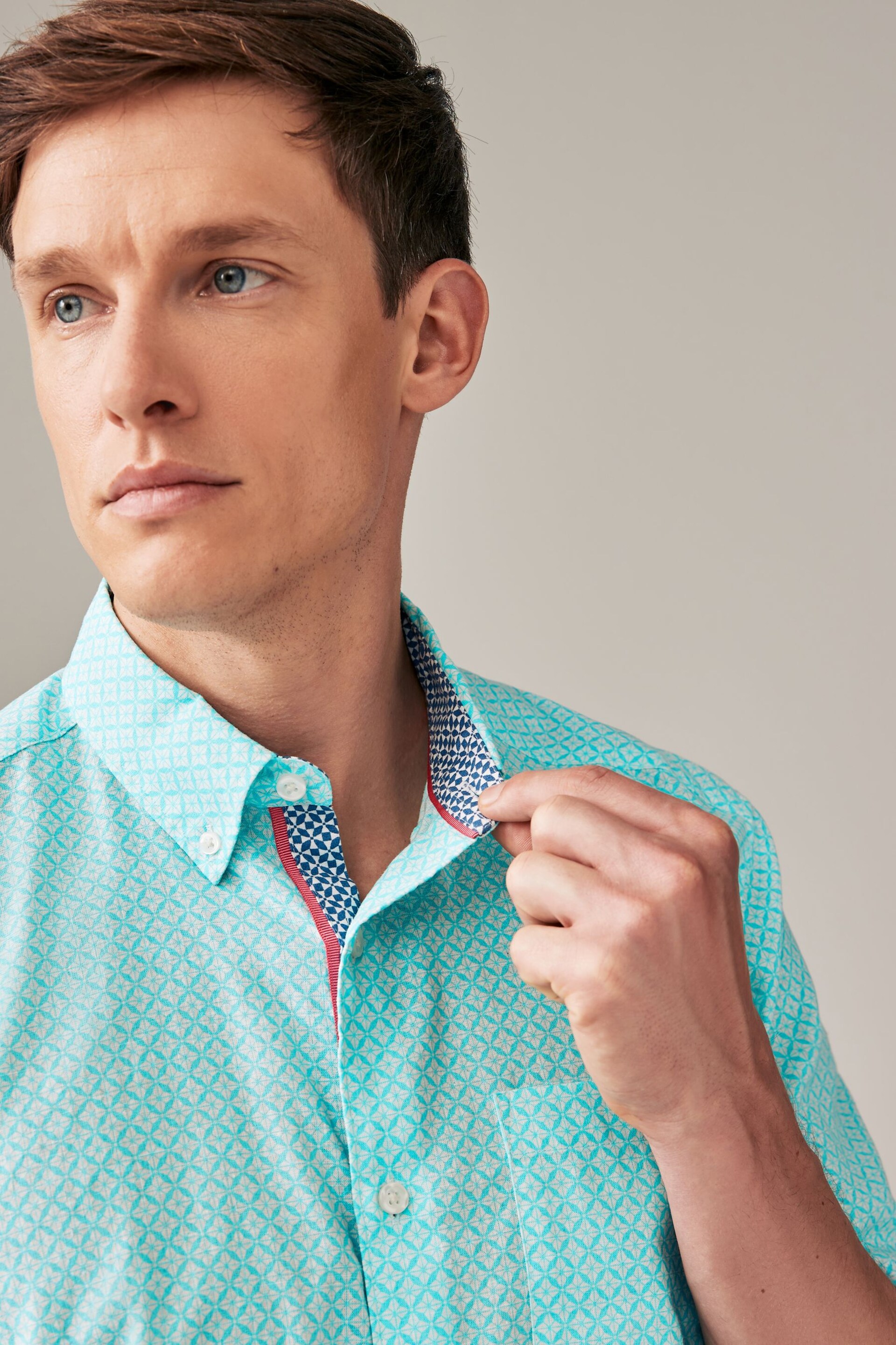 Light Blue Linen Blend Printed Short Sleeve Shirt - Image 4 of 4