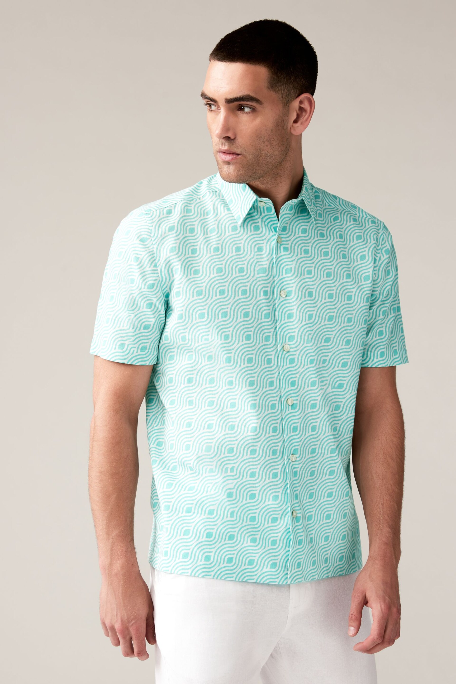 Green Linen Blend Printed Short Sleeve Shirt - Image 3 of 8