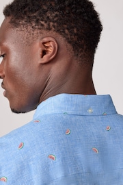 Blue Linen Blend Printed Short Sleeve Shirt - Image 4 of 7