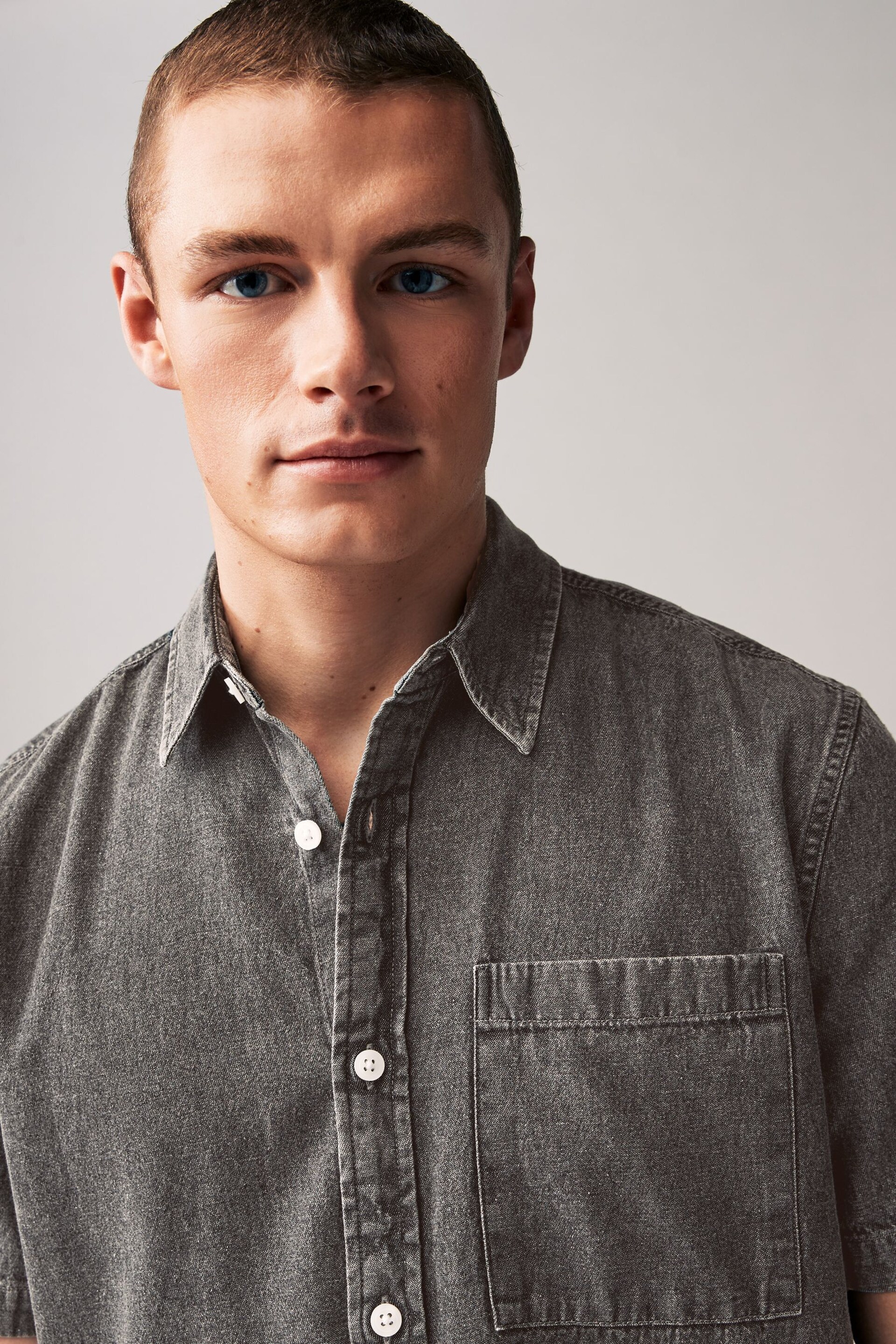 Grey Denim Short Sleeve Shirt - Image 1 of 8