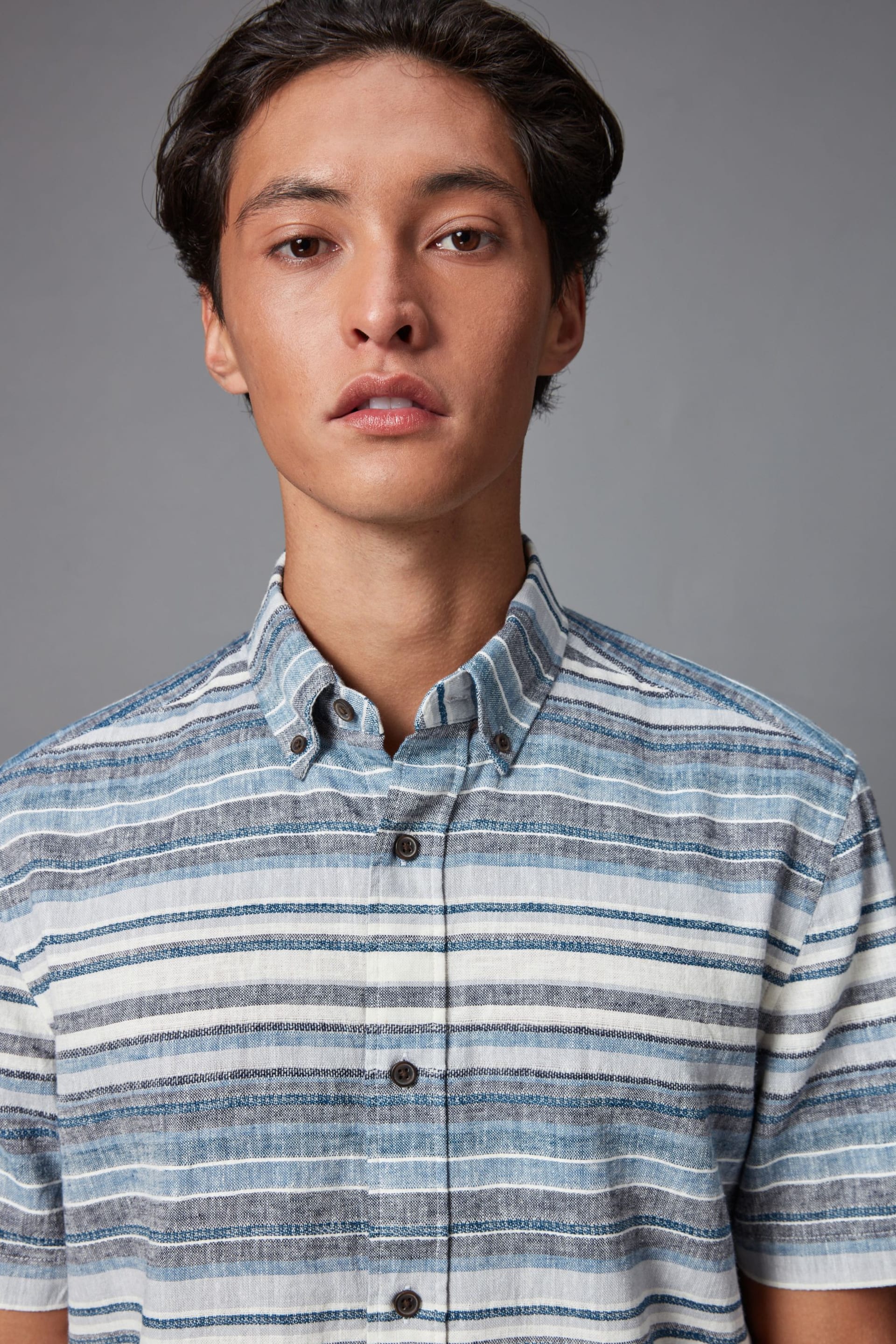 Blue Linen Blend Horizontal Stripe Short Sleeve Shirt - Image 1 of 7