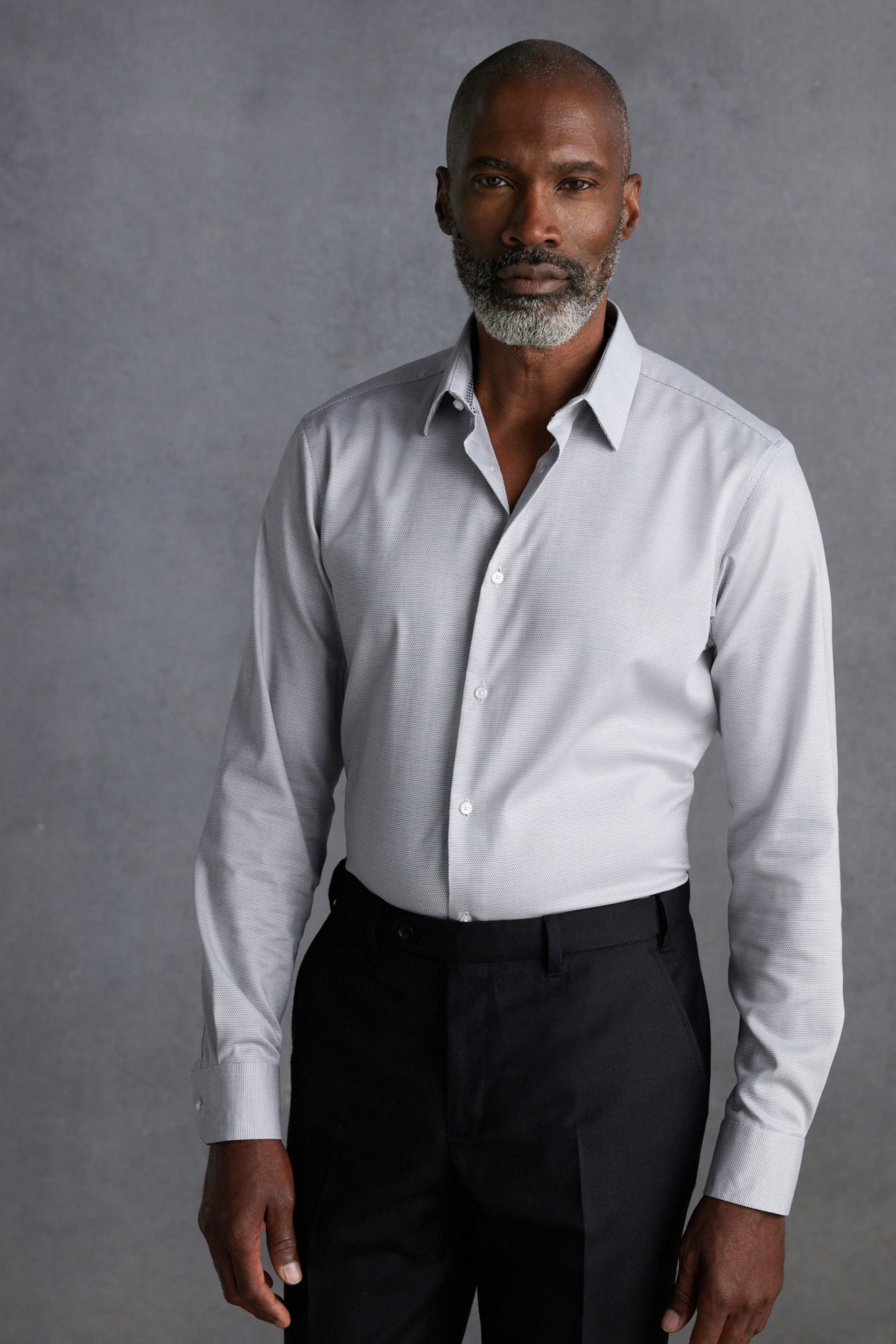 Grey Regular Fit Signature Textured Single Cuff Shirt With Trim Detail - Image 1 of 8
