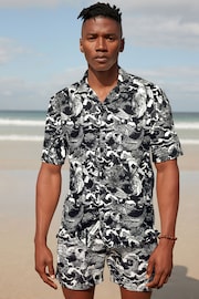 Black/White Printed Short Sleeve Shirt With Cuban Collar - Image 1 of 7