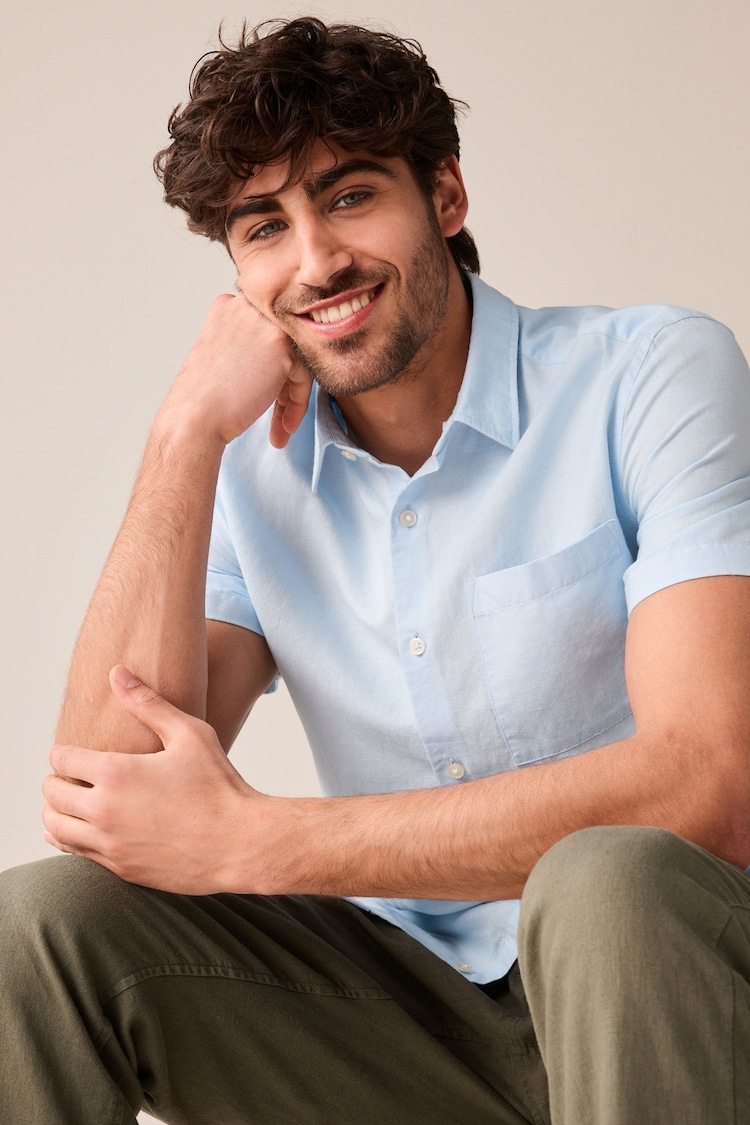 Light Blue Standard Collar Linen Blend Short Sleeve Shirt - Image 1 of 8