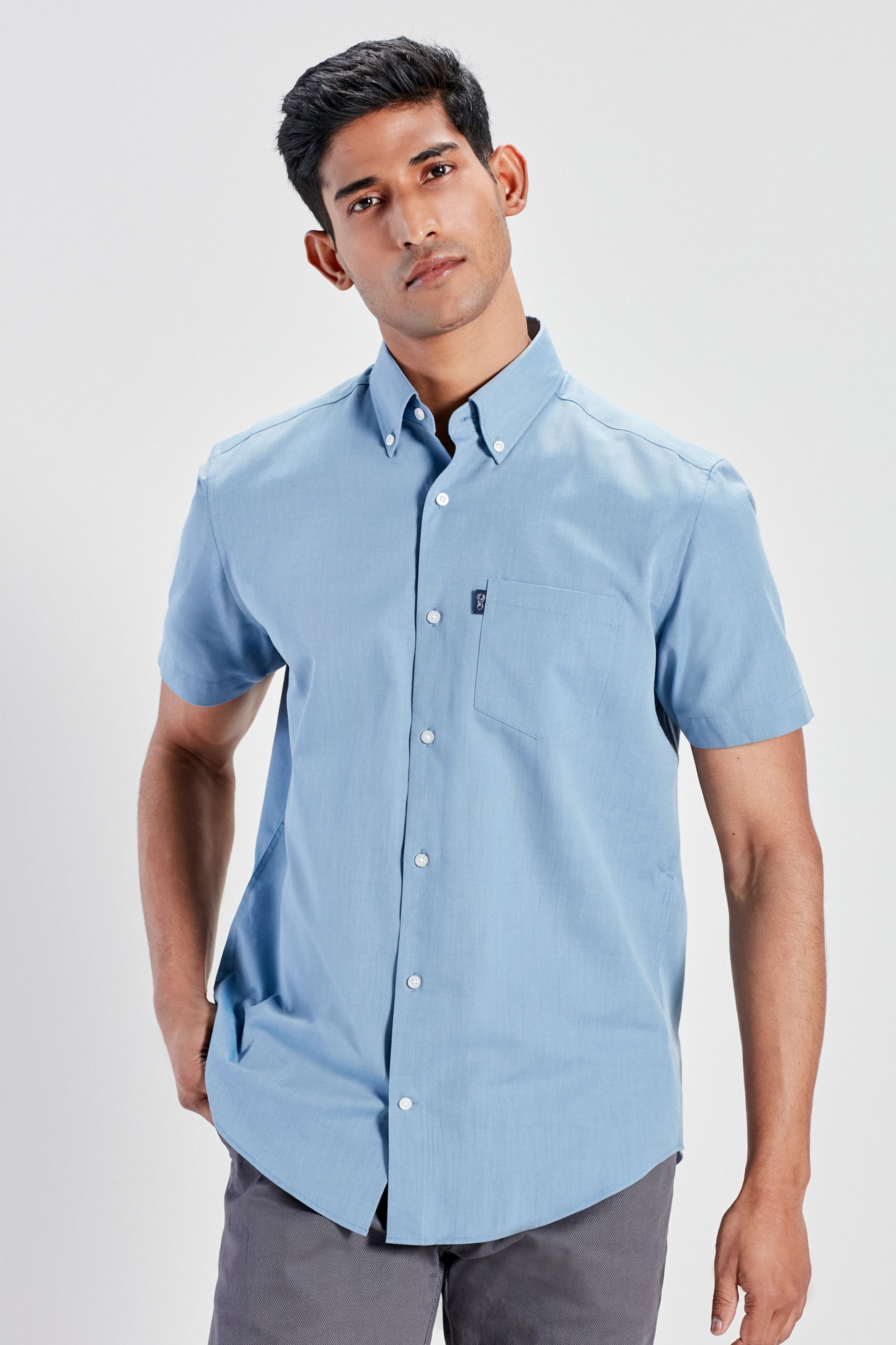 Dusky Blue Regular Fit Short Sleeve Easy Iron Button Down Oxford Shirt - Image 1 of 6