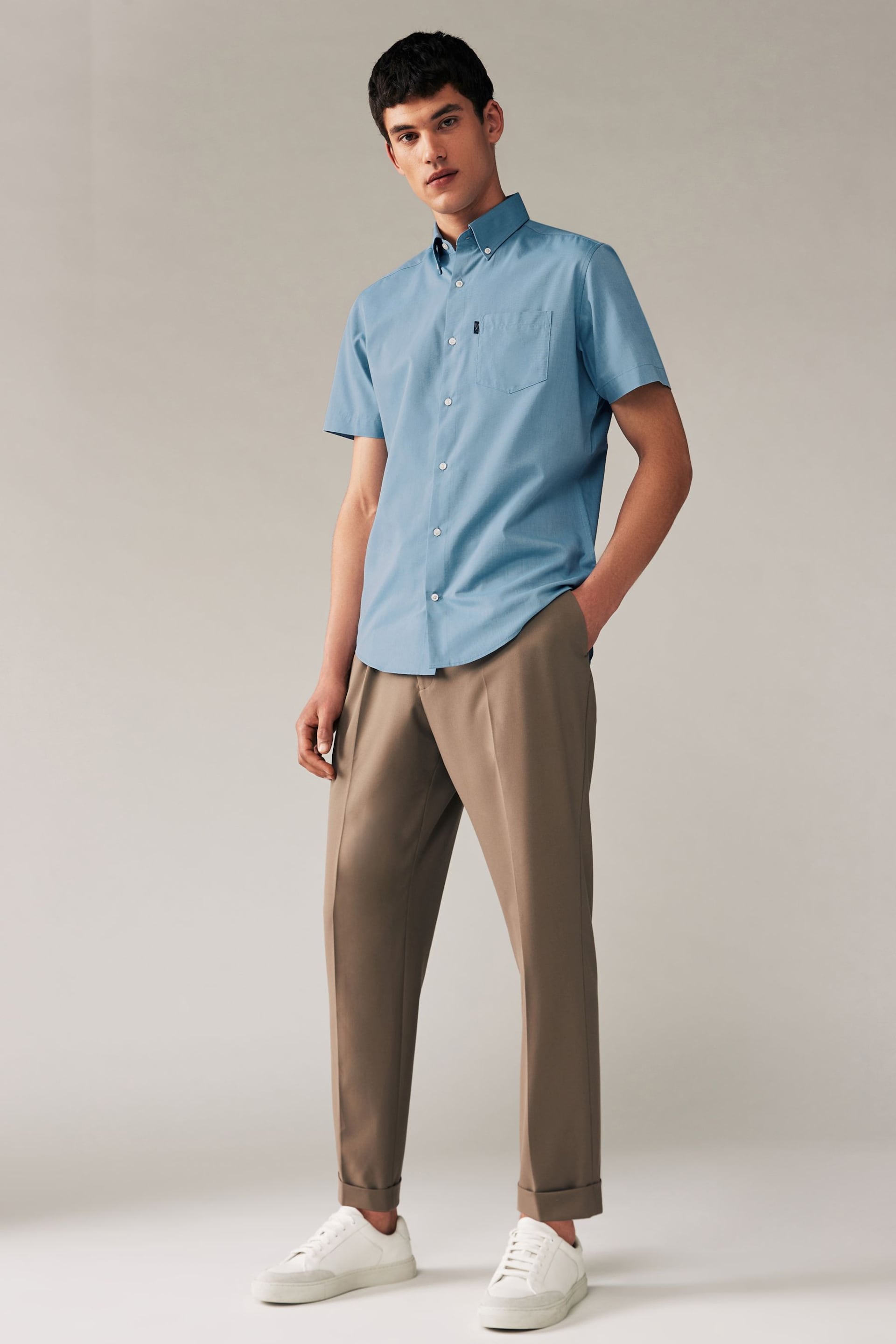 Dusky Blue Regular Fit Short Sleeve Easy Iron Button Down Oxford Shirt - Image 2 of 6