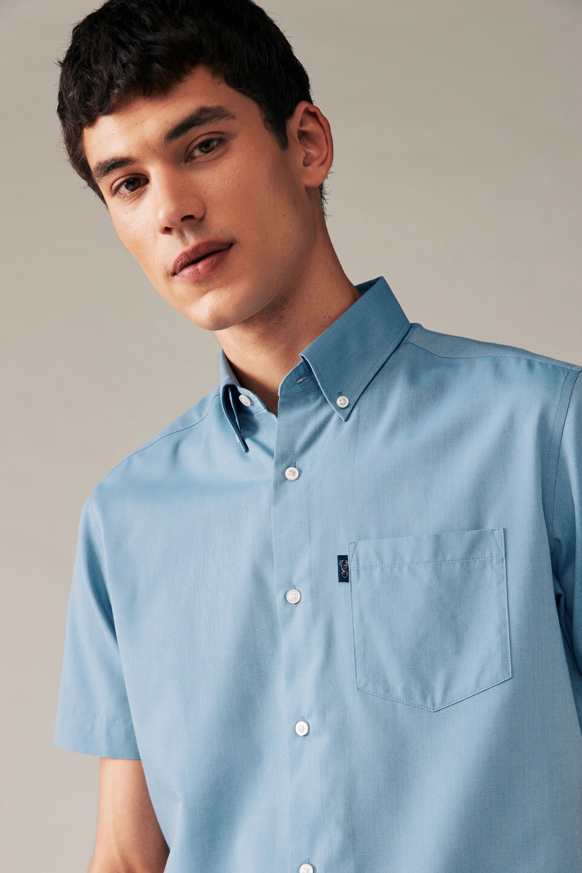 Dusky Blue Regular Fit Short Sleeve Easy Iron Button Down Oxford Shirt - Image 3 of 6