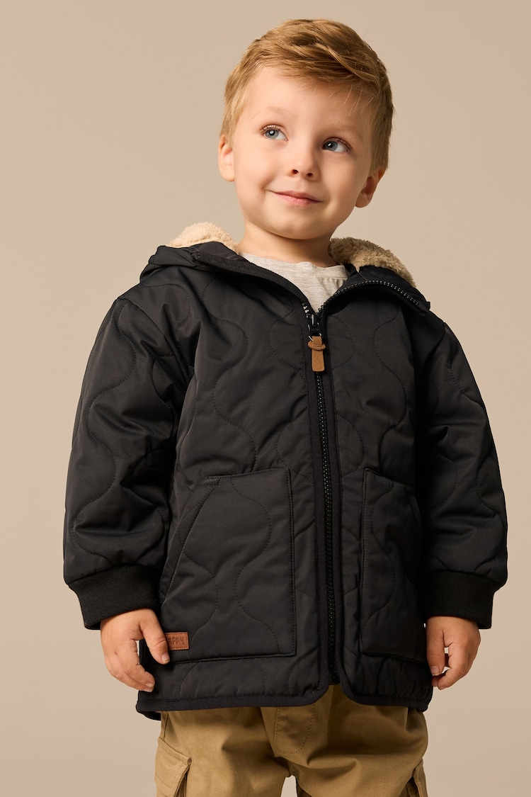 Black Quilted Borg Fleece Lined Shower Resistant Coat (3mths-7yrs) - Image 1 of 3