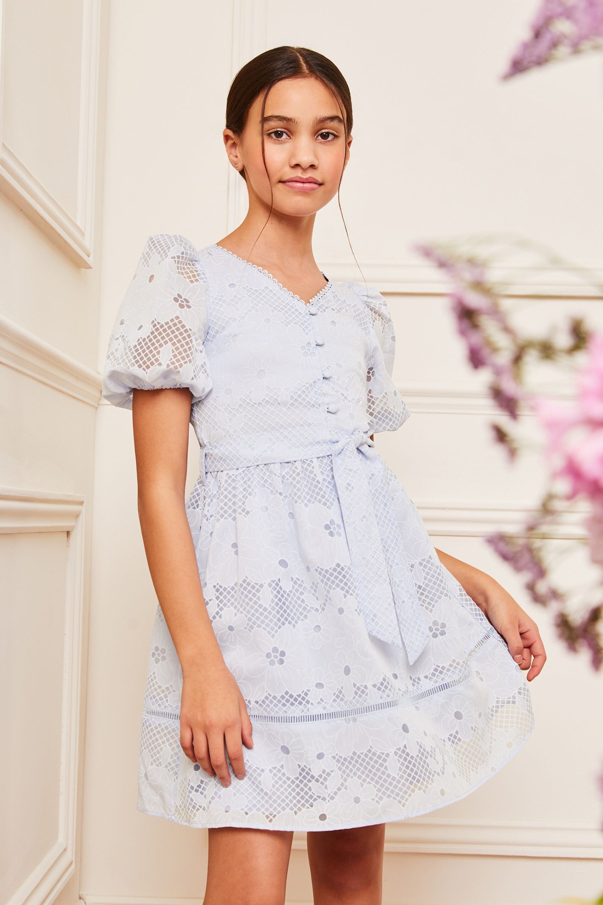 Lipsy Blue Puff Sleeve Occasion Dress (5-16yrs) - Image 1 of 4