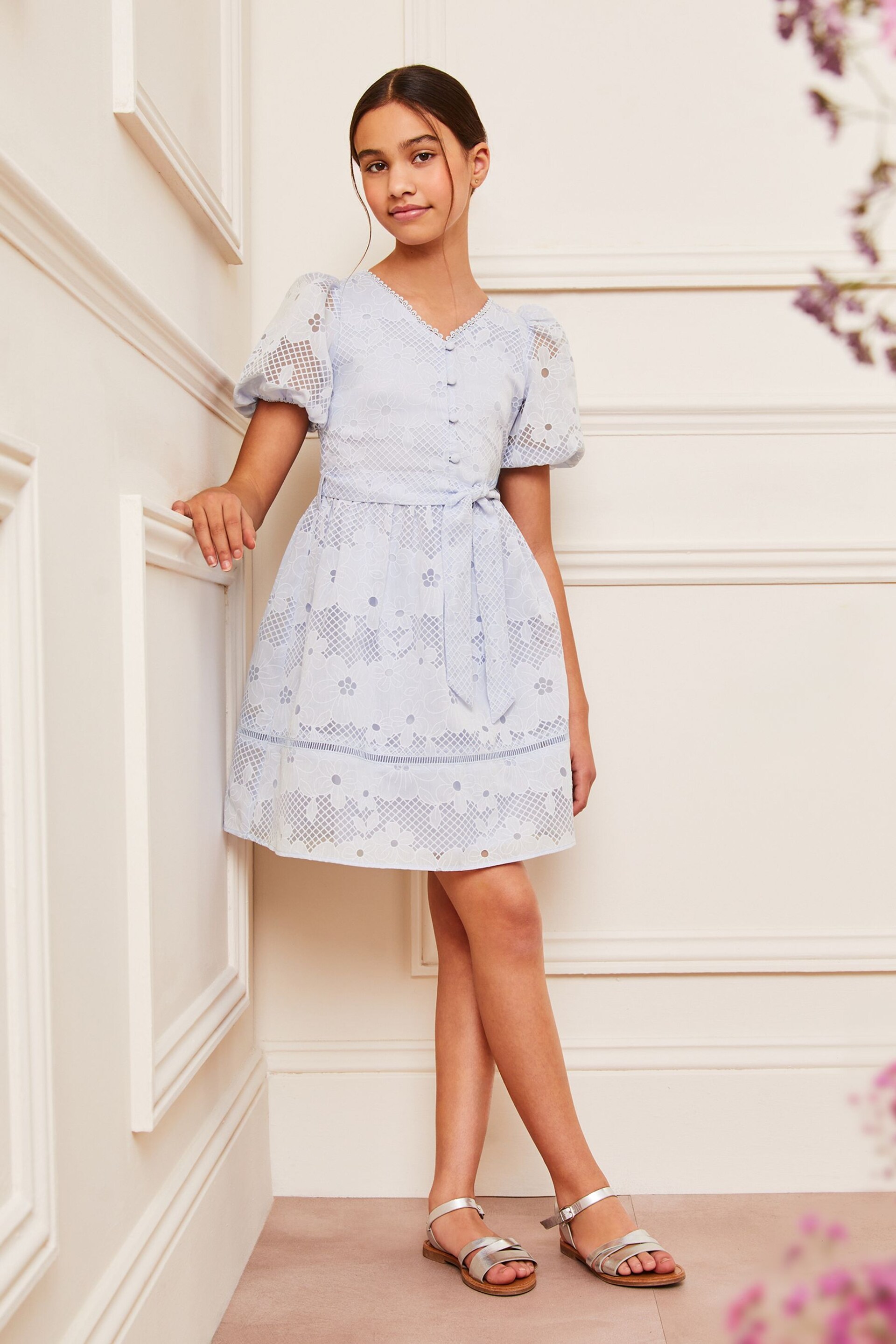 Lipsy Blue Puff Sleeve Occasion Dress (5-16yrs) - Image 3 of 4