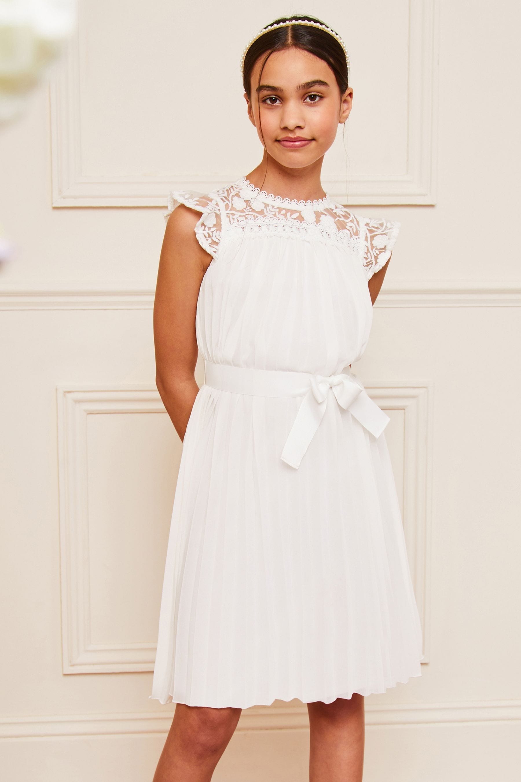 Buy Lipsy White Lace Yolk Pleated Occasion Dress from Next Luxembourg