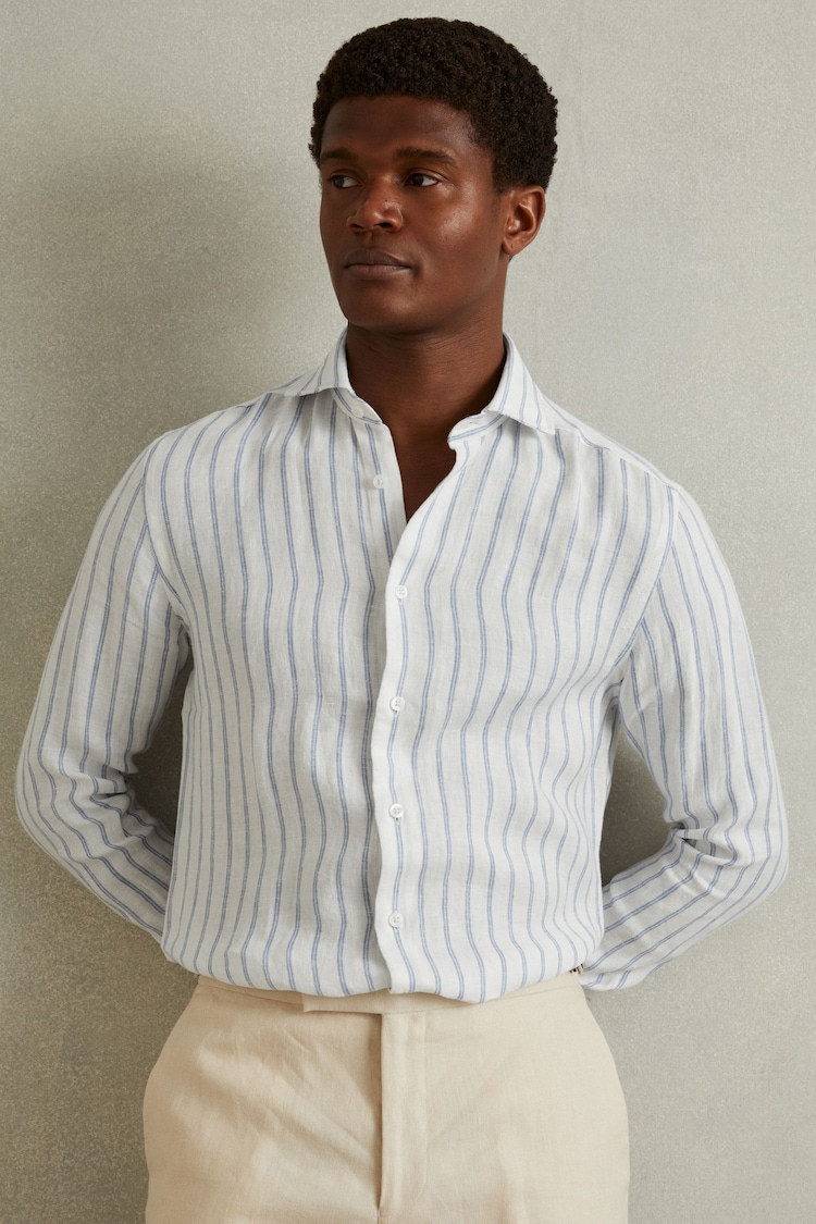 Reiss Blue Stripe Ruban Linen Button-Through Shirt - Image 1 of 6