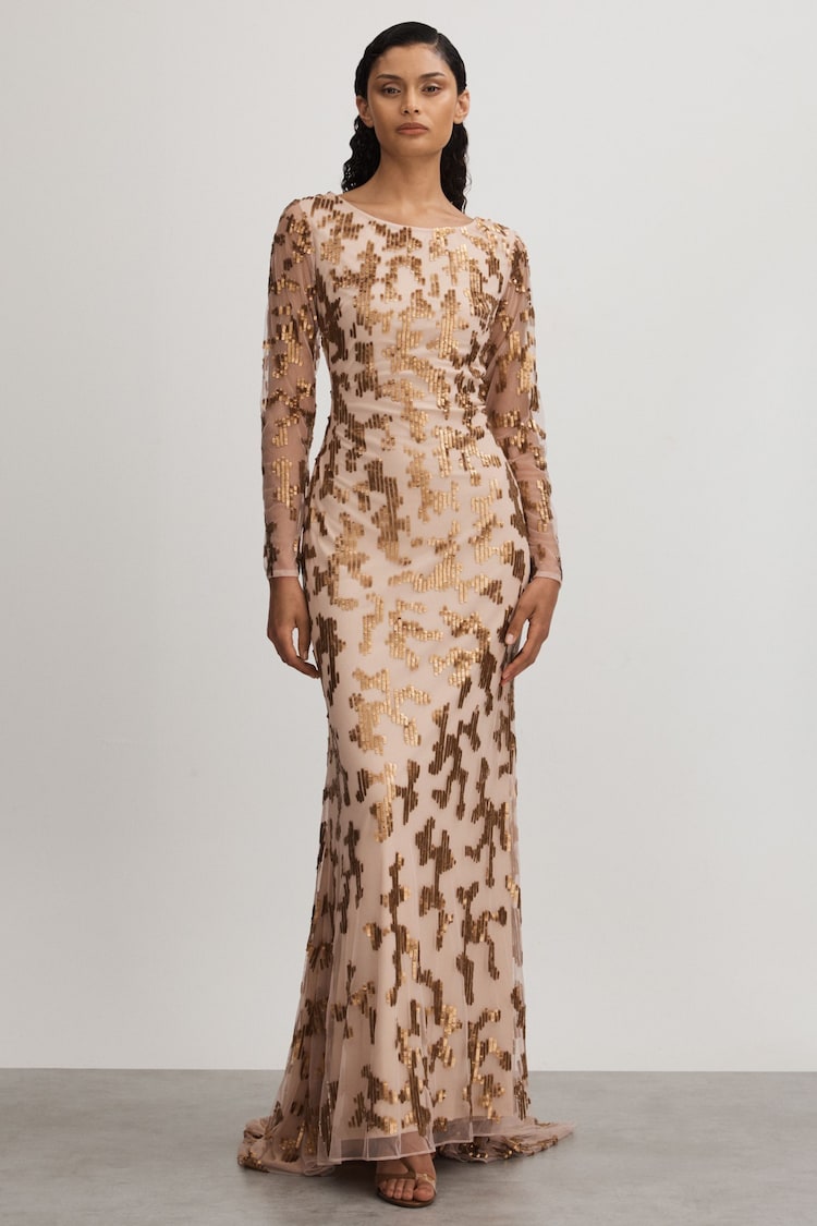 Raishma Nude Embellished Asymmetric Maxi Dress - Image 1 of 5