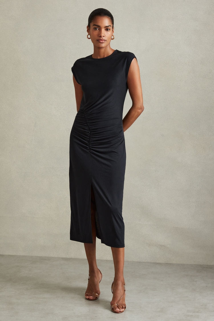 Reiss Lenara Ruche Front Capped Sleeve Jersey Midi Dress - Imagen 1 de 5