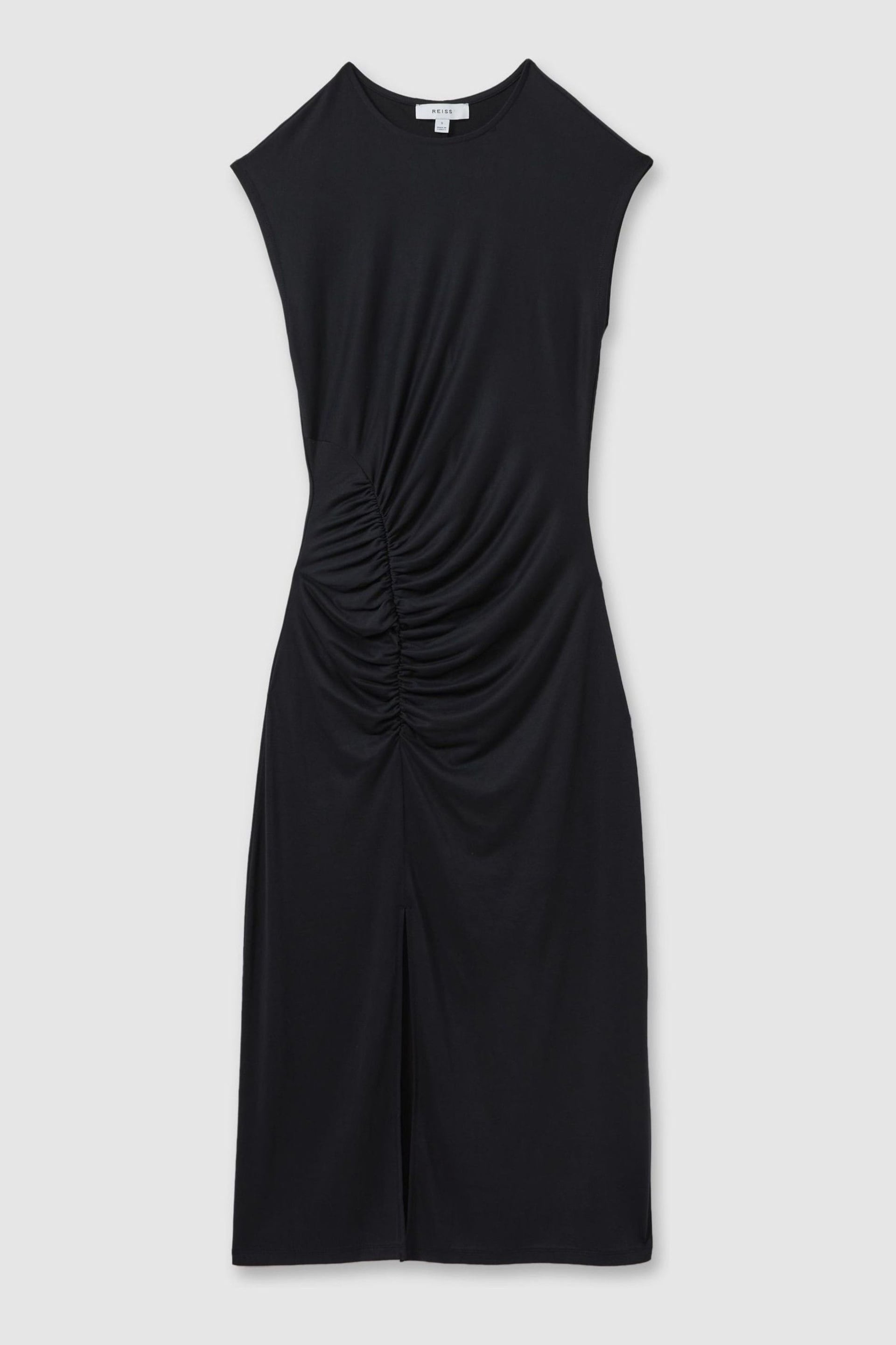 Reiss Charcoal Lenara Ruche Front Capped Sleeve Jersey Midi Dress - Image 2 of 5