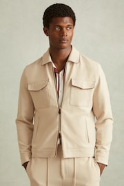 Reiss Ecru/Brown Stripe Roy Relaxed Contrast Pipe Detail Jacket - Image 1 of 6