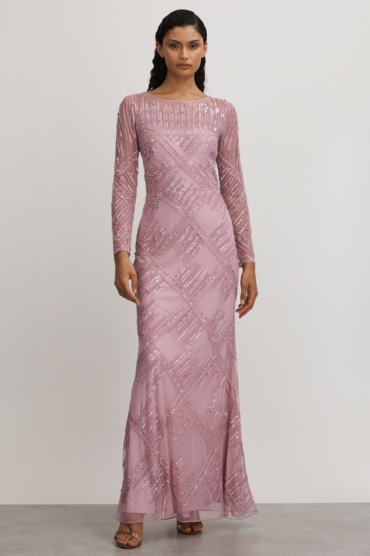 Raishma Pink Embellished Mesh Sheer Sleeve Maxi Dress - Image 1 of 5