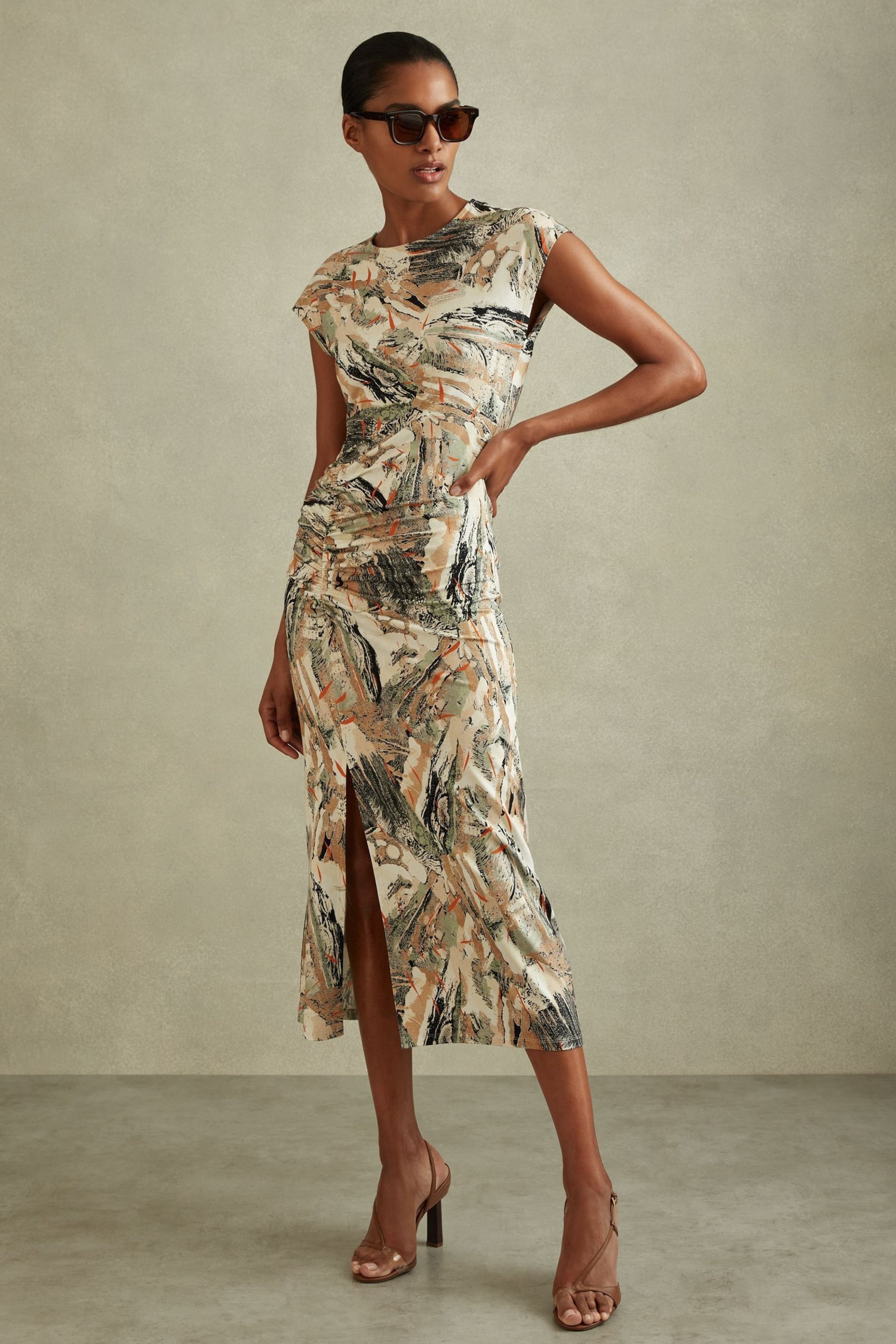 Reiss Multi Lennia Printed Jersey Midi Dress - Image 1 of 5
