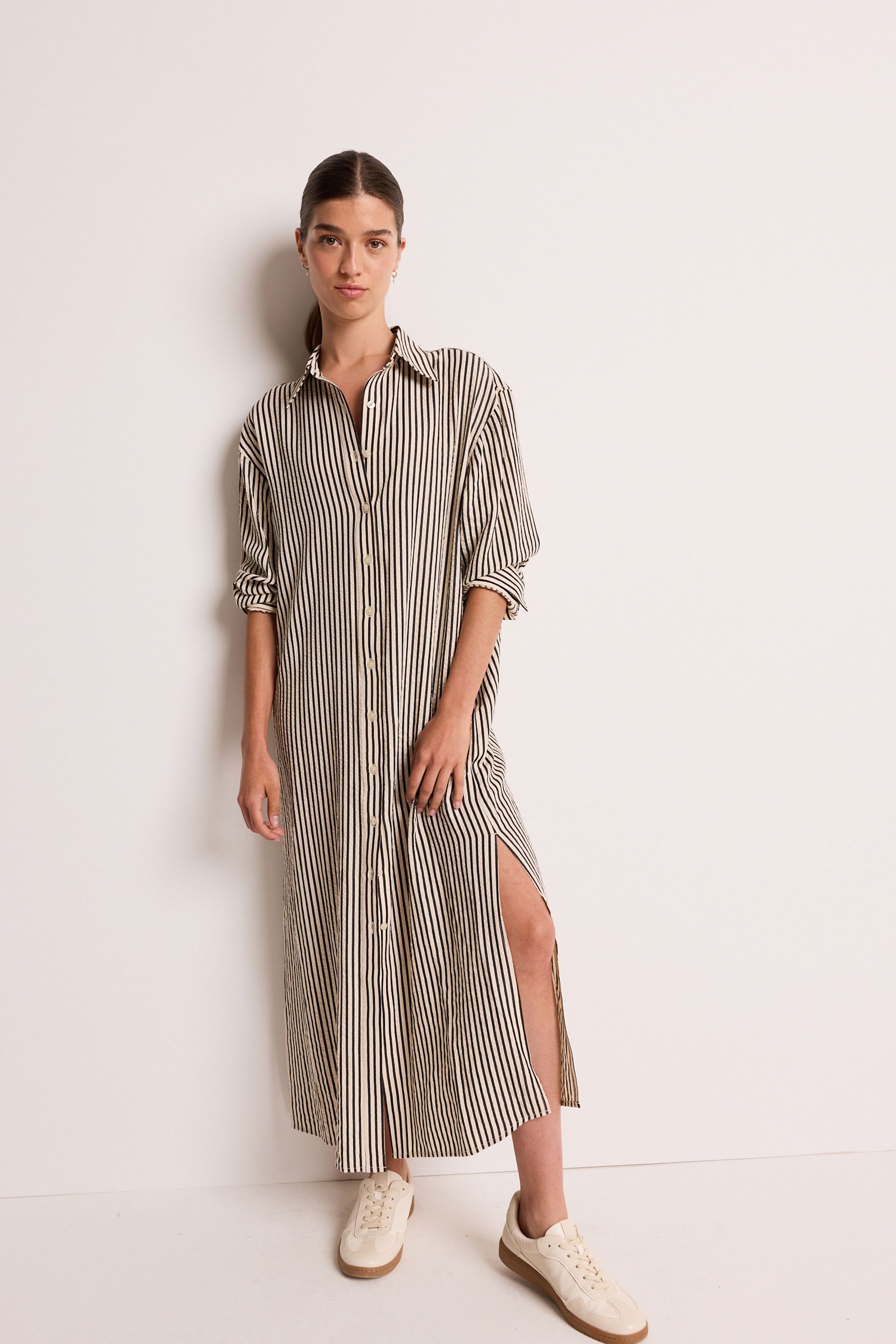 Buy Black White Stripe Long Sleeve Textured Seersucker Shirt Dress from Next Canada