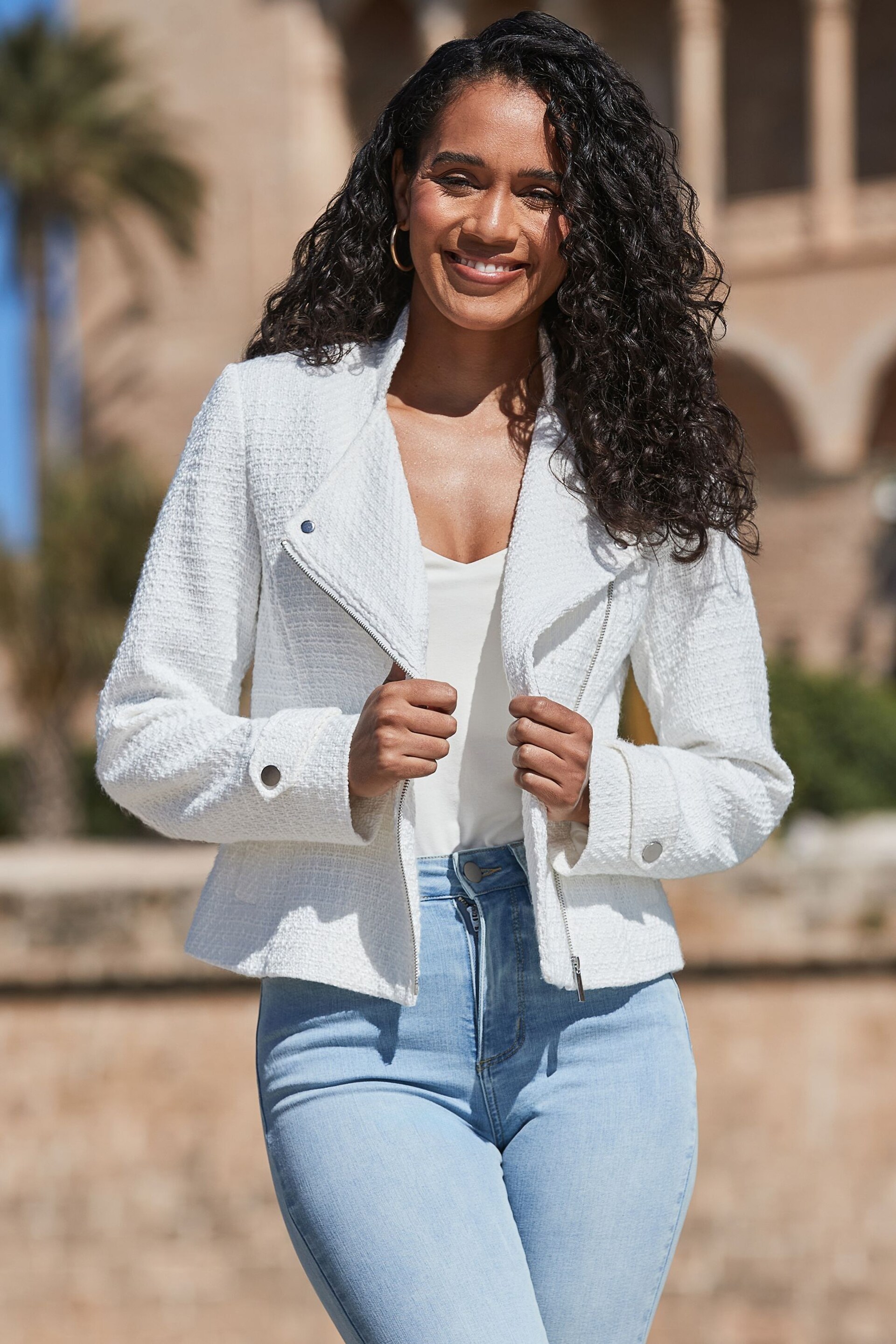 Sosandar White Boucle Biker Jacket - Image 1 of 5