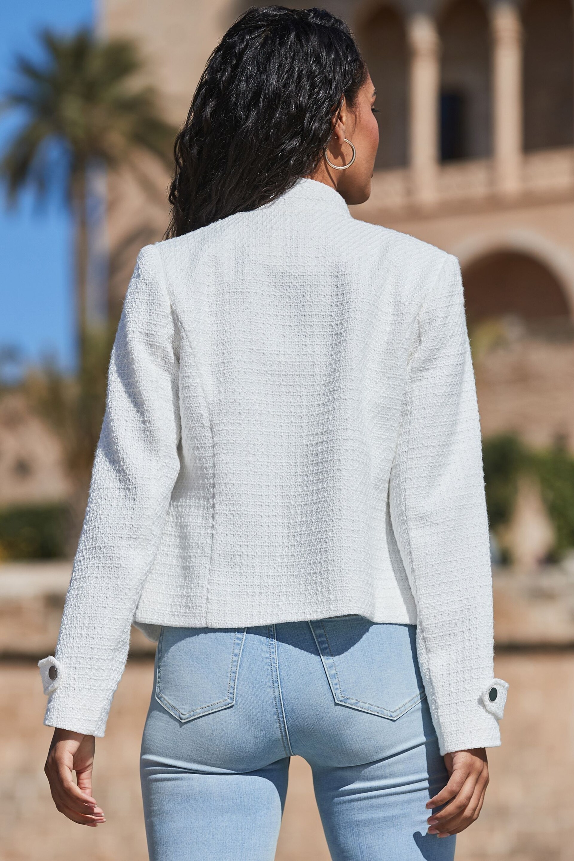 Sosandar White Boucle Biker Jacket - Image 4 of 5