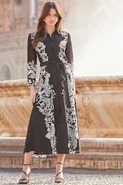 Sosandar Black Floral Print Belted Midi Shirt Dress - Image 1 of 5