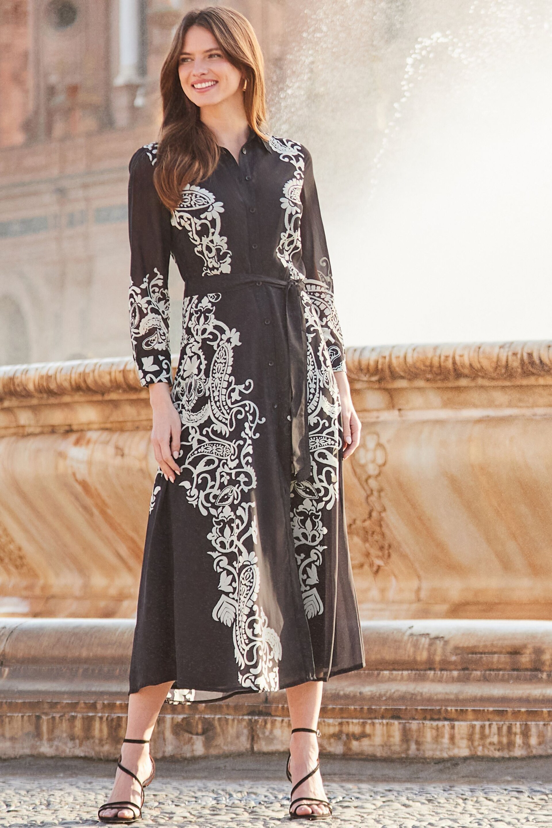 Sosandar Black Floral Print Belted Midi Shirt Dress - Image 2 of 5