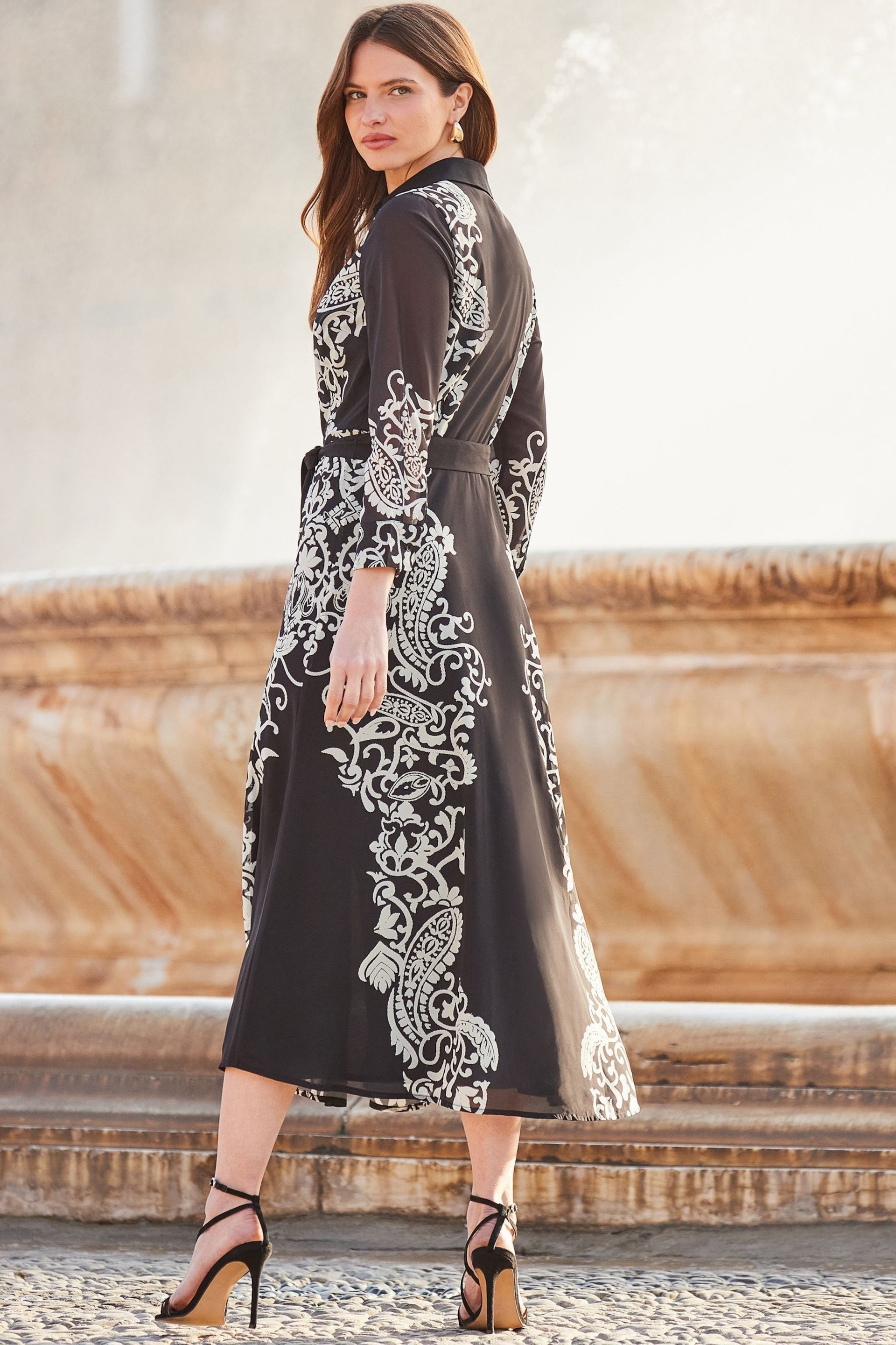 Sosandar Black Floral Print Belted Midi Shirt Dress - Image 3 of 5