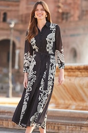 Sosandar Black Floral Print Belted Midi Shirt Dress - Image 4 of 5