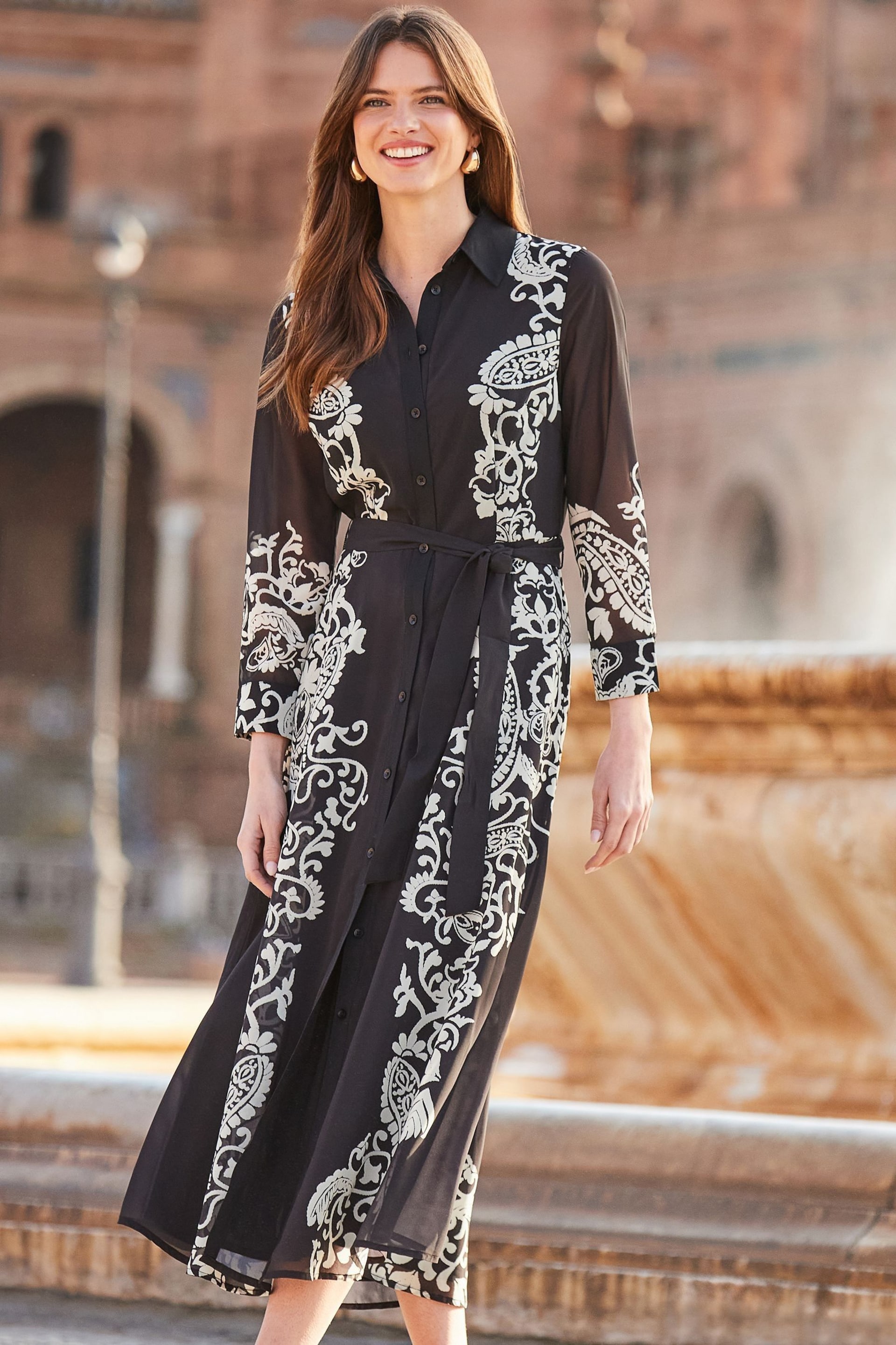 Sosandar Black Floral Print Belted Midi Shirt Dress - Image 4 of 5