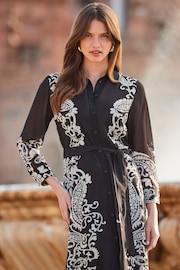 Sosandar Black Floral Print Belted Midi Shirt Dress - Image 5 of 5