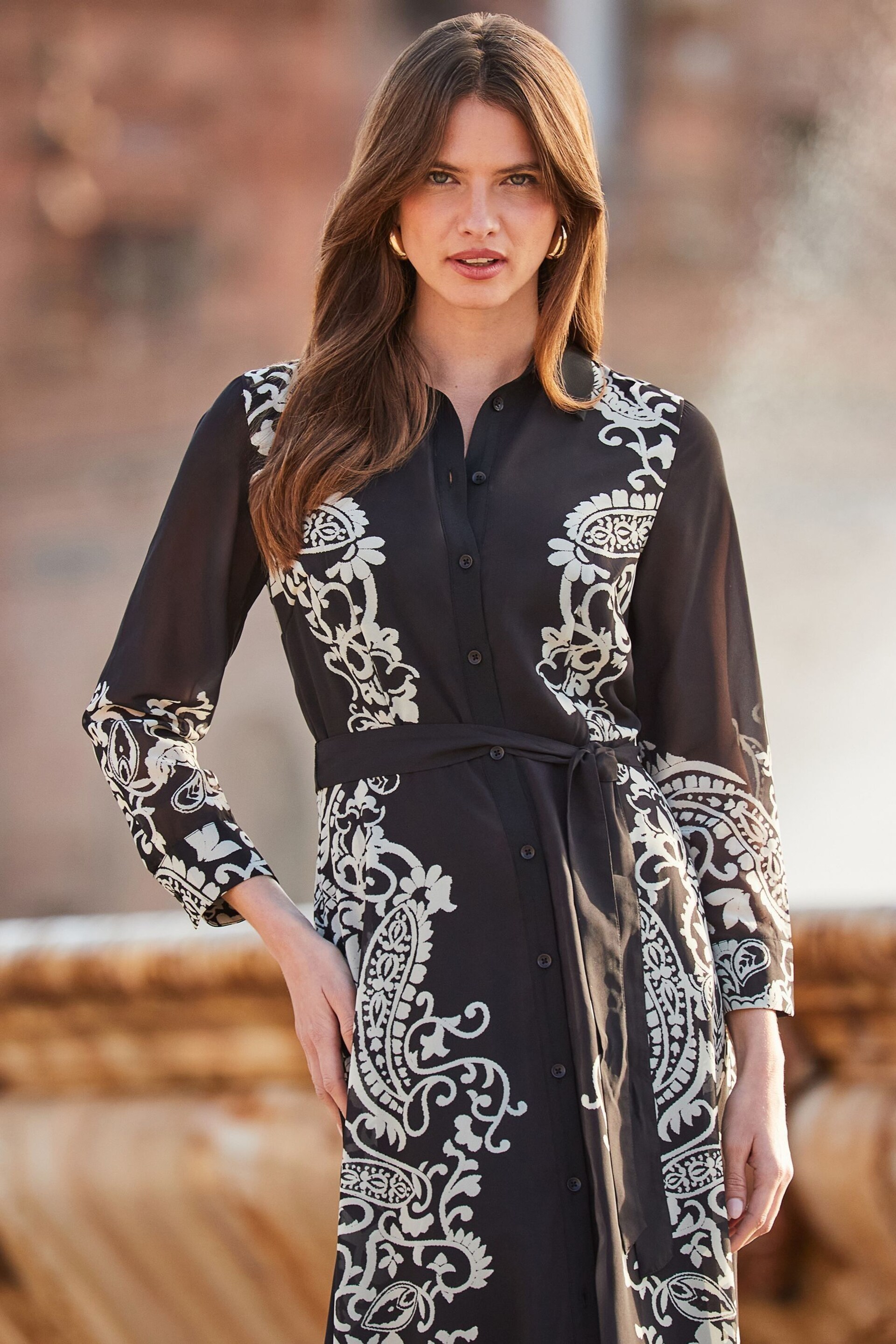 Sosandar Black Floral Print Belted Midi Shirt Dress - Image 5 of 5