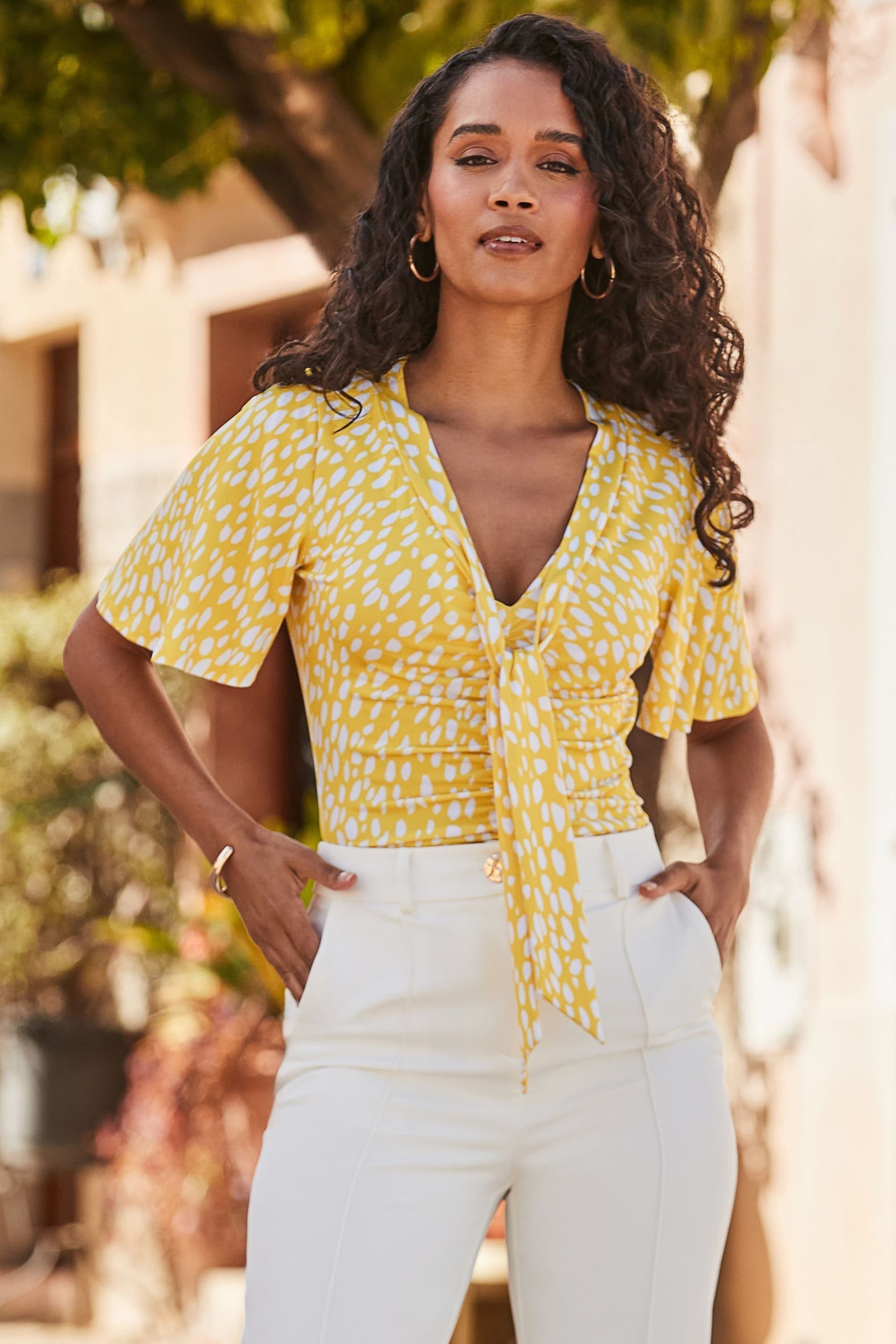 Sosandar Yellow Print Ruched Detail Tie Neck Jersey Top - Image 1 of 5