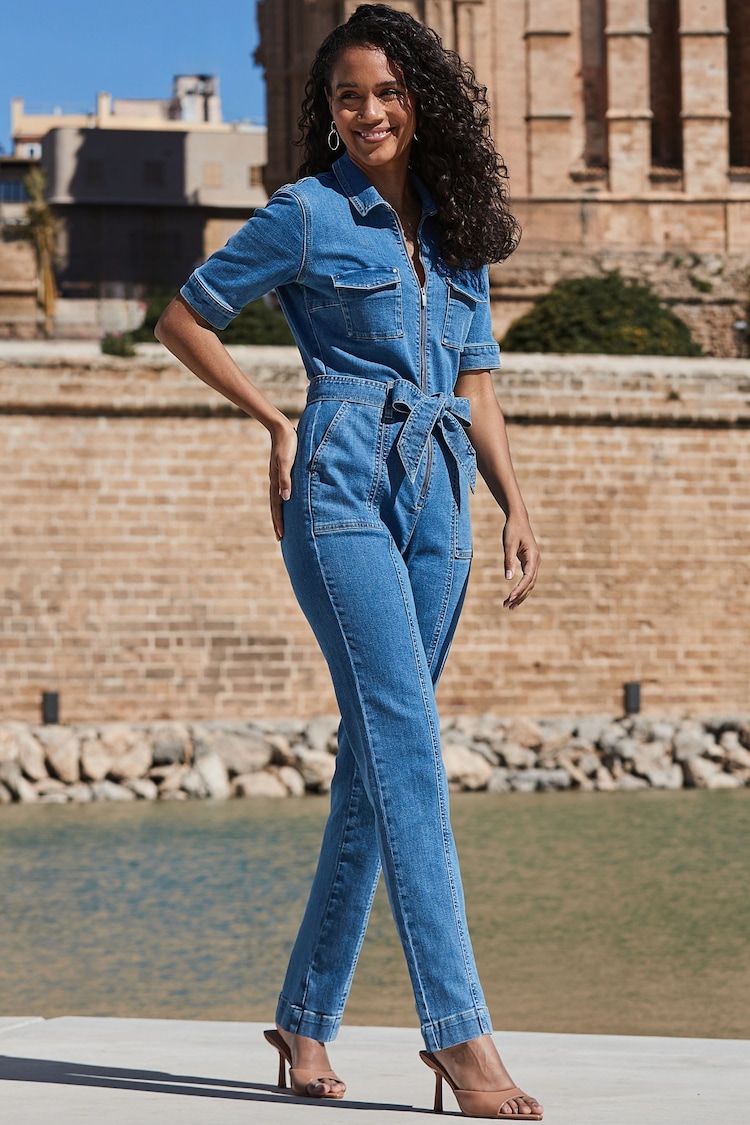 Sosandar Blue Tie Waist Utility Denim Jumpsuit - Image 2 of 5