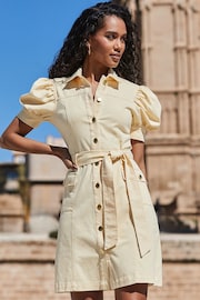 Sosandar Yellow Petite Puff Sleeve Belted Denim Dress - Image 1 of 5