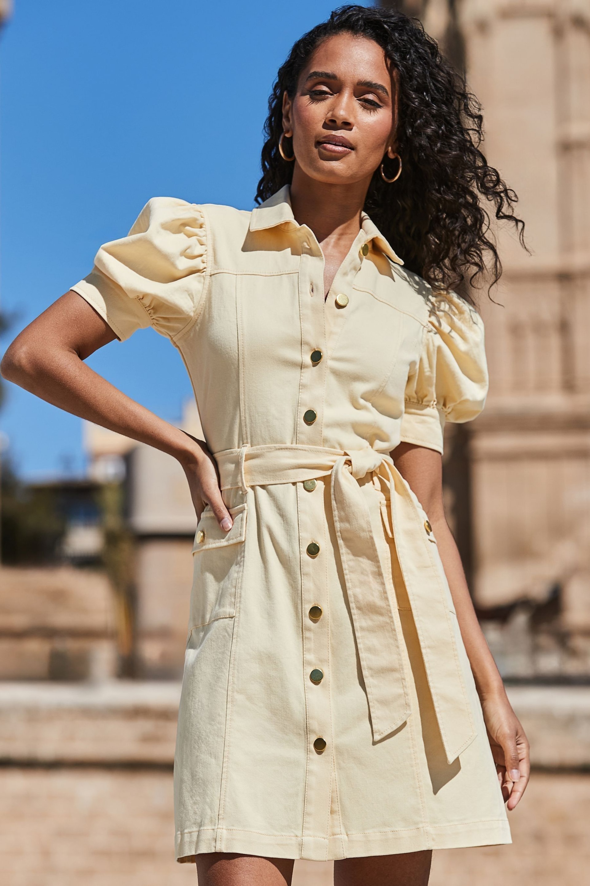 Sosandar Yellow Petite Puff Sleeve Belted Denim Dress - Image 4 of 5