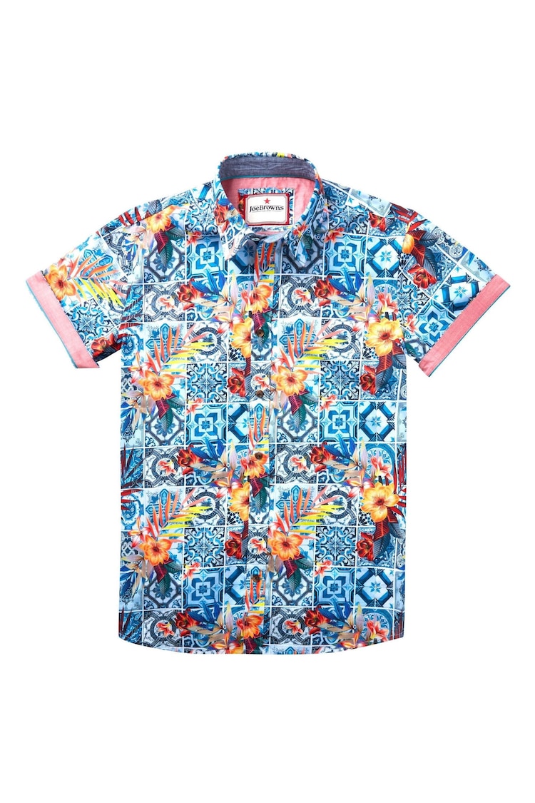 Joe Browns Blue Floral Tile Print 100% Cotton Short Sleeve Shirt - Image 5 of 5