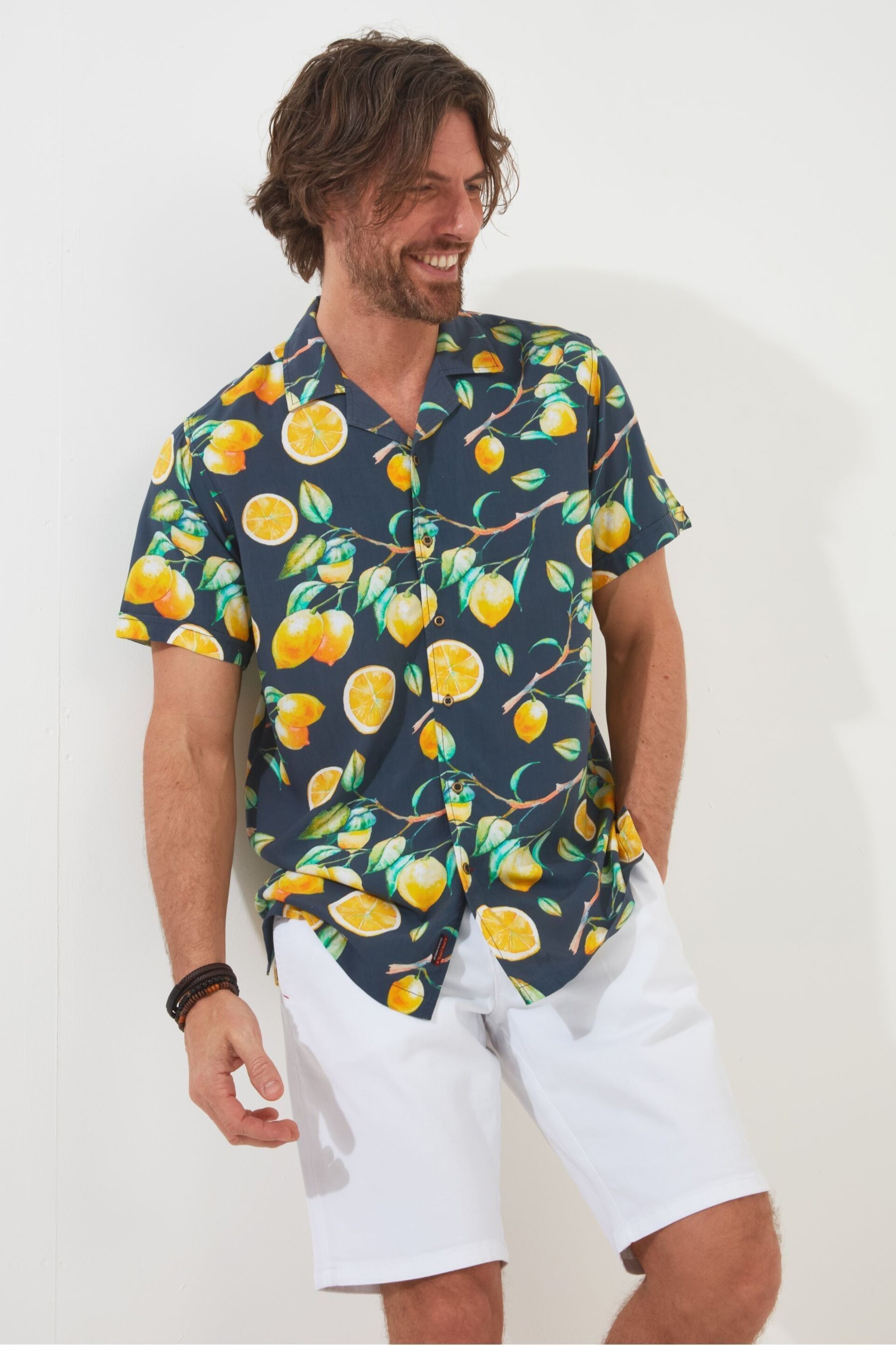 Joe Browns Black Lemon Printed Short Sleeve Open Flat Collar Shirt - Image 1 of 5