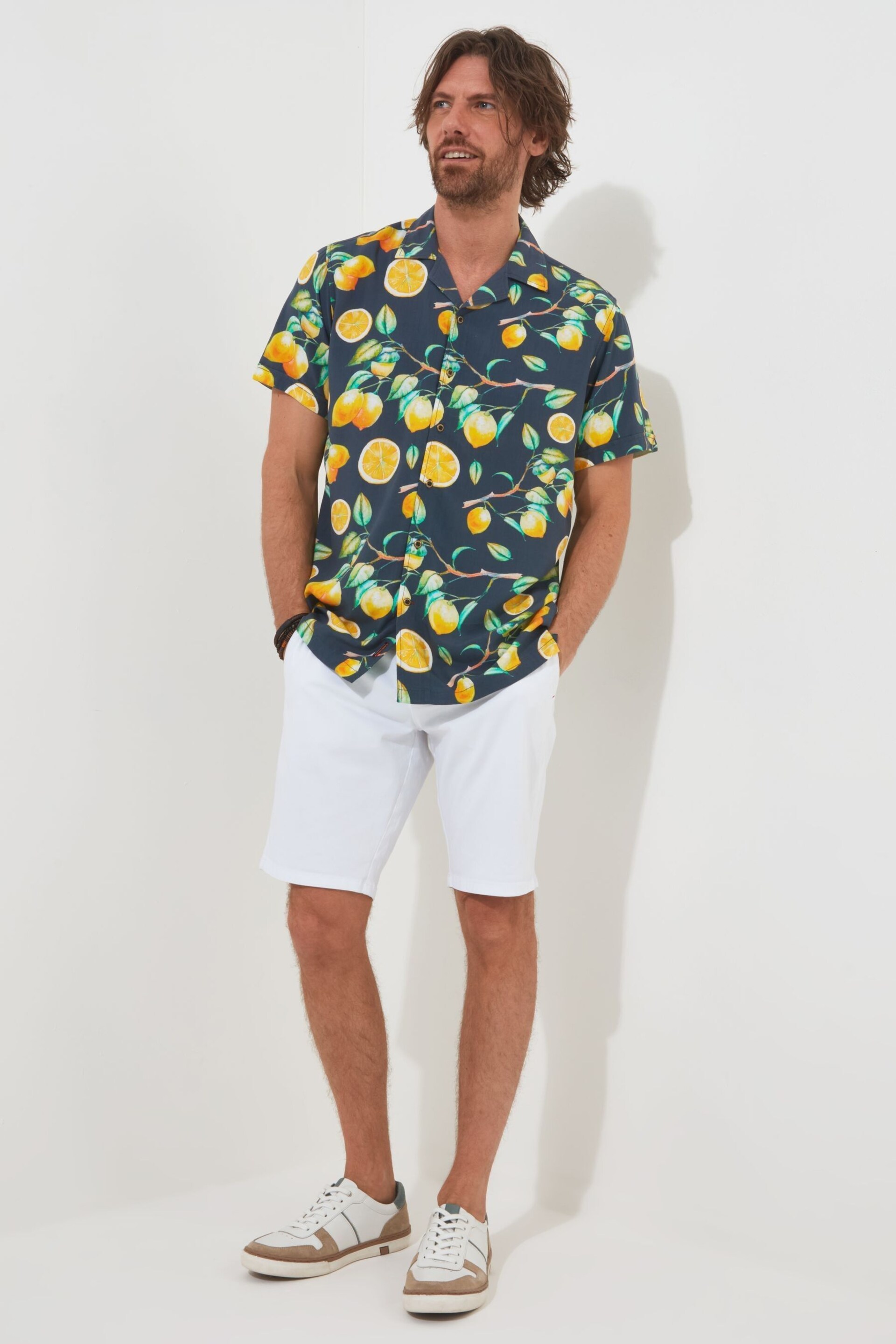 Joe Browns Black Lemon Printed Short Sleeve Open Flat Collar Shirt - Image 4 of 5