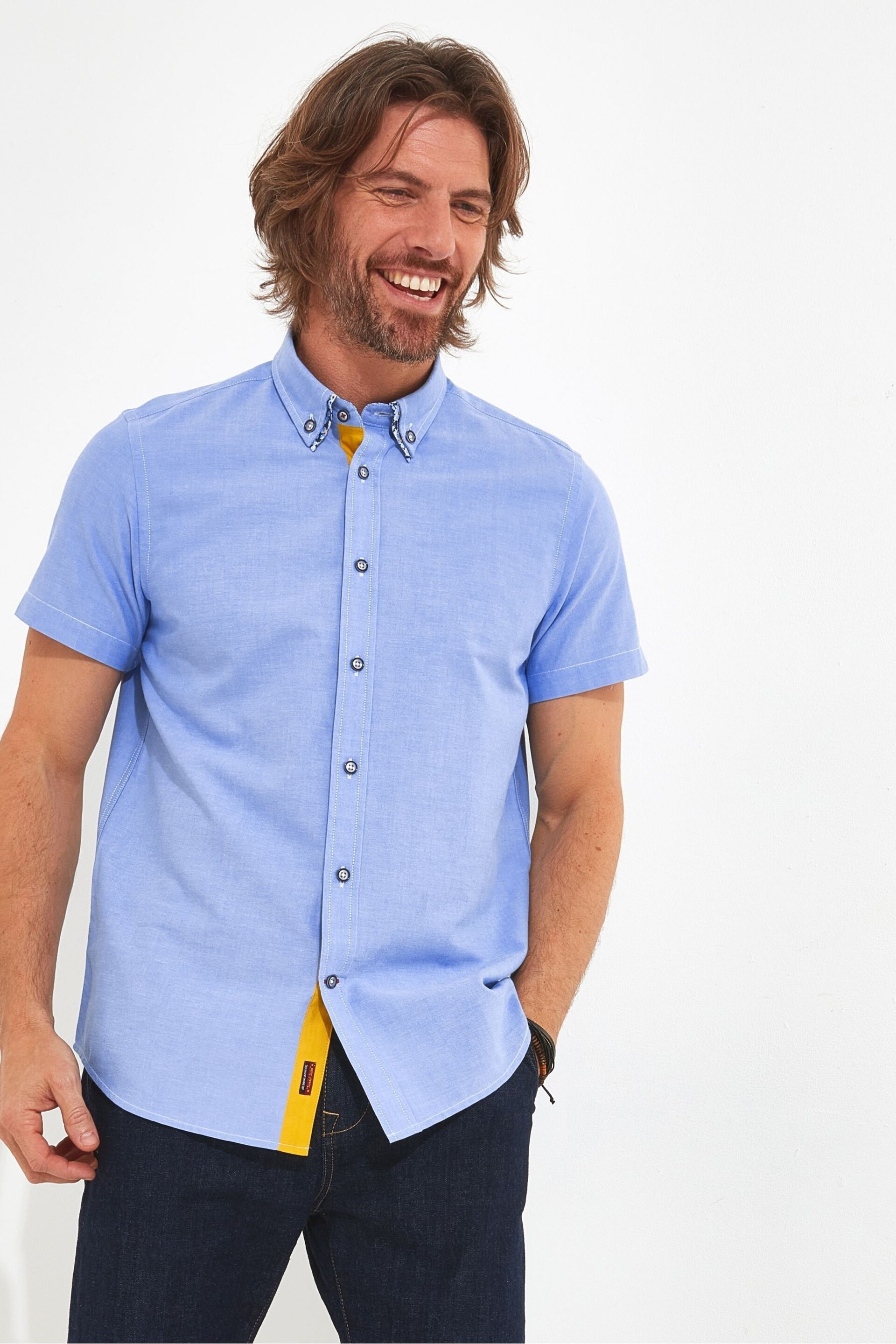 Joe Browns Blue Double Collar Short Sleeve Oxford Shirt - Image 1 of 7