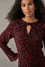 Red Animal Print Bow Neck Detail Long Sleeve Mini Dress - Image 4 of 7